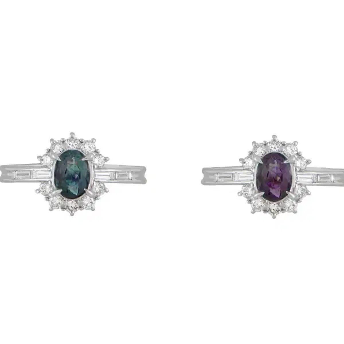 Simply Beautiful! Alexandrite GIA and Baguette & Round Brilliant Cut Diamond Estate Cocktail Ring. Centering a securely nestled Hand set Oval Alexandrite GIA, weighing approx. 1.00 Carat. Surrounded by Baguette and Round Brilliant Cut Diamonds,