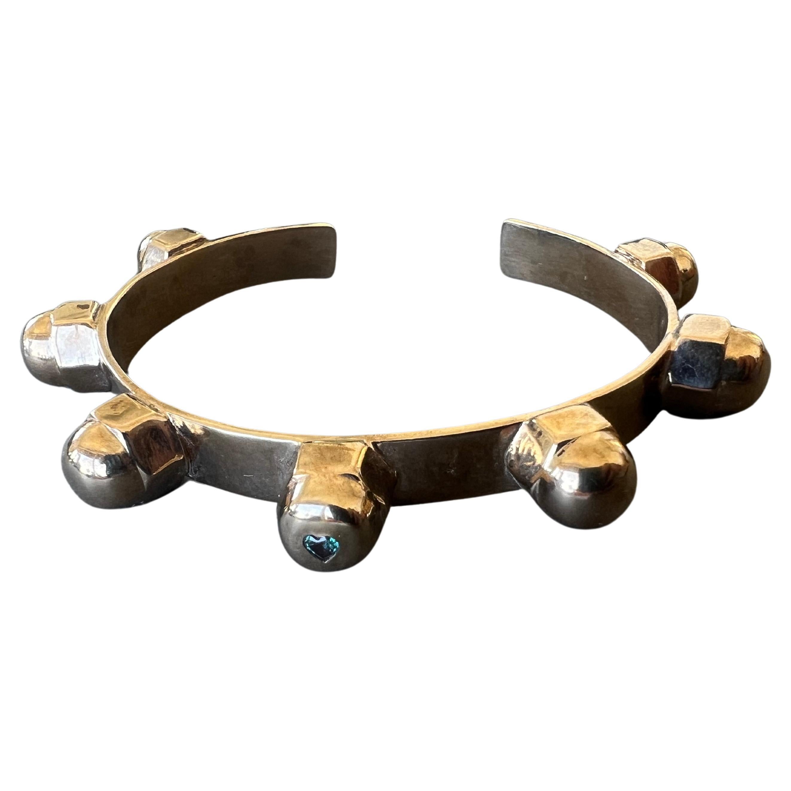 Alexandrite Heart Cuff Bangle Bracelet Bronze Studs Statement Piece J Dauphin en vente