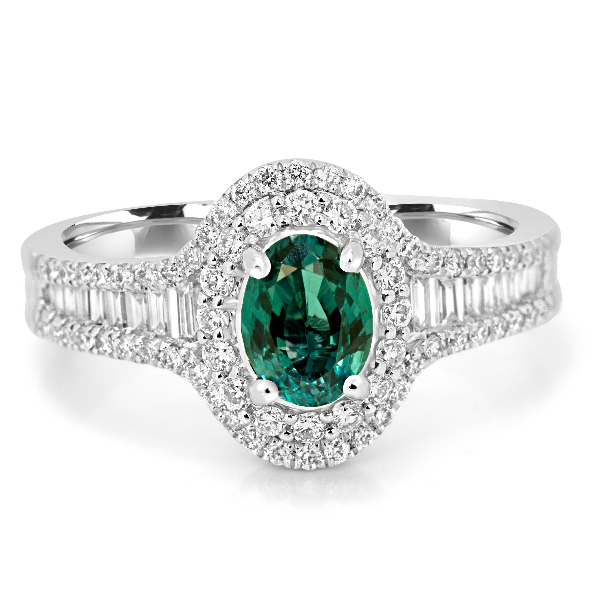 Alexandrite Oval Diamond Round & Baguette 18K White Gold Fashion Cocktail Ring In New Condition For Sale In Sayreville, NJ