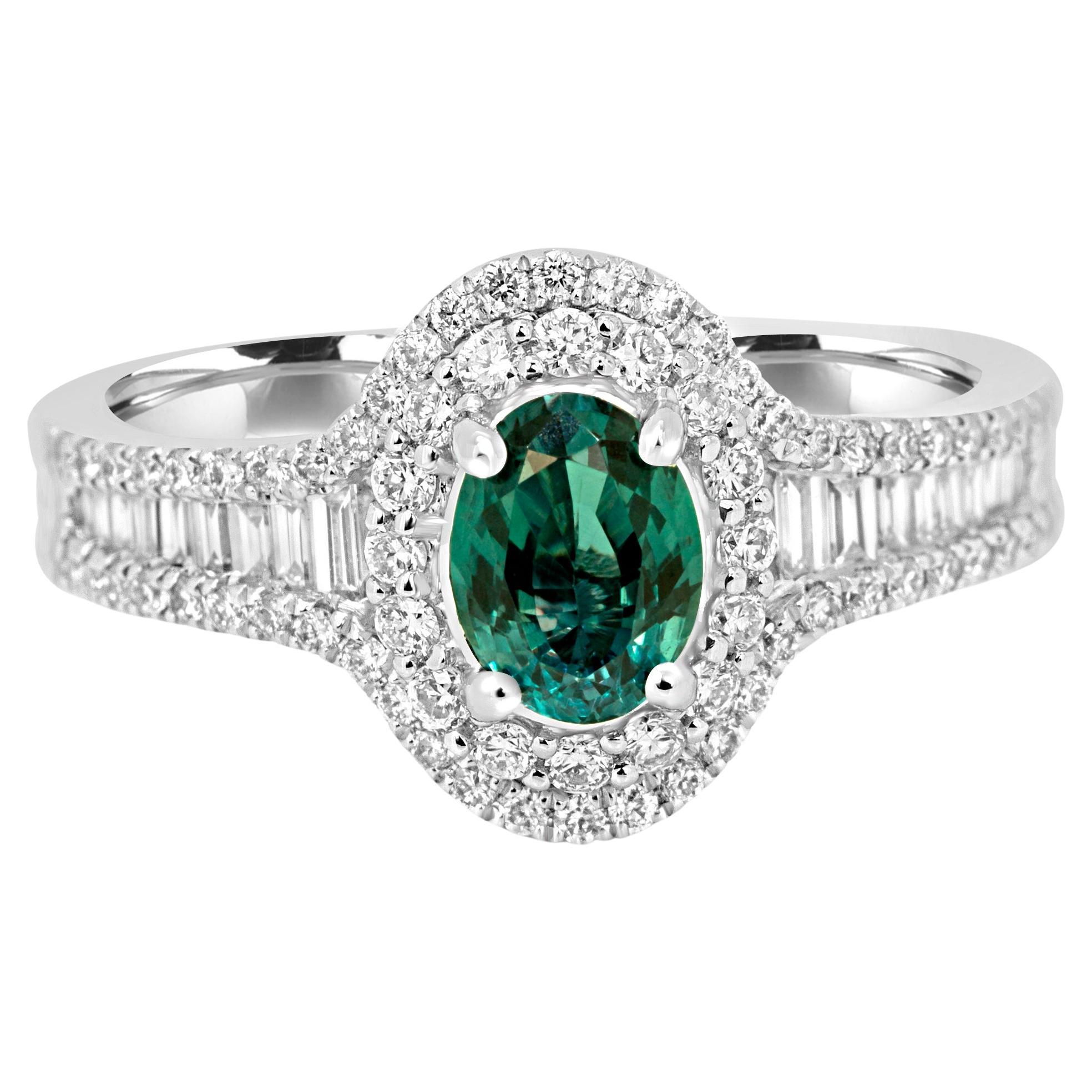 Alexandrite Oval Diamond Round & Baguette 18K White Gold Fashion Cocktail Ring For Sale