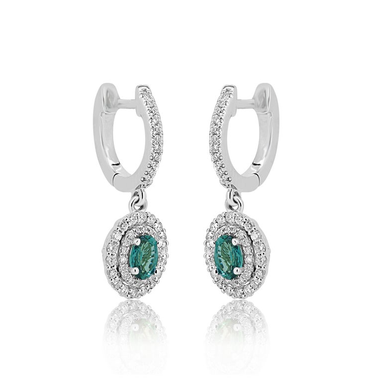 Modern Alexandrite Oval Diamond Round Double Halo Dangle Fashion 18K White Gold Earring