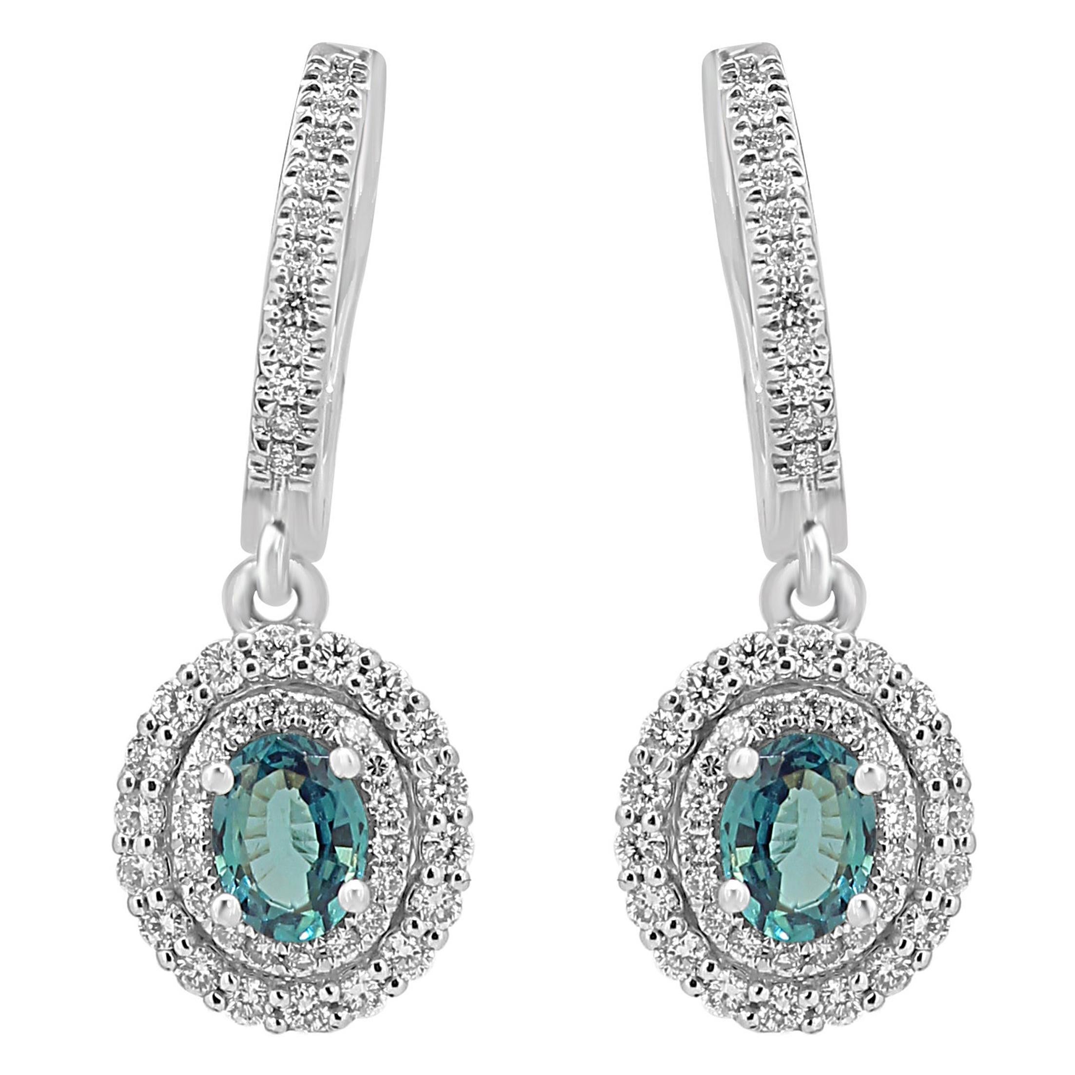 Alexandrite Oval Diamond Round Double Halo Dangle Fashion 18K White Gold Earring