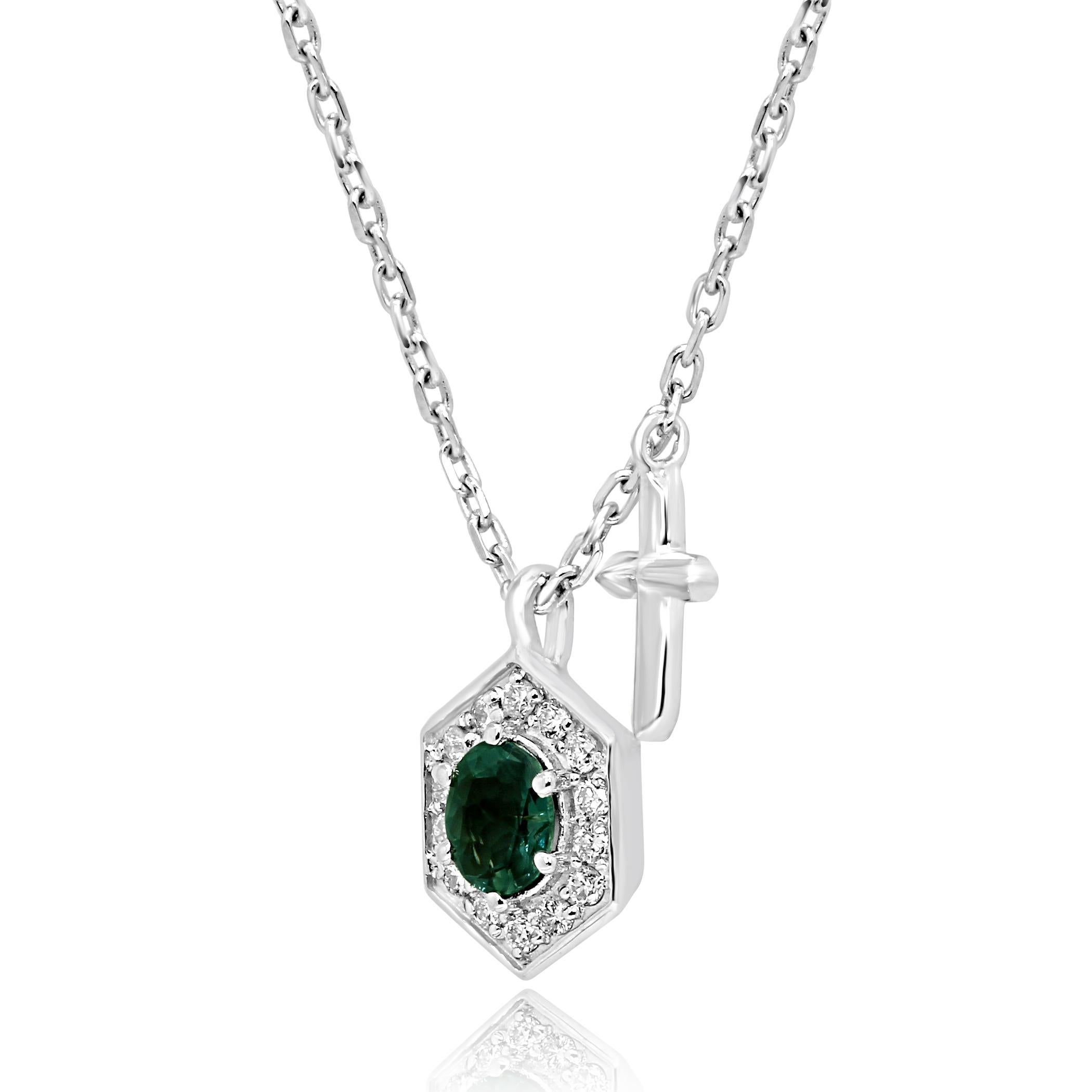 1 Natural Alexandrite Oval 0.40 Carat encircled in a Halo of White Colorless G-H Diamond Rounds SI clarity 0.15 Carat in 14K White Gold Everyday Wear Drop Pendant Chain Necklace.

MADE IN USA
Center Alexandrite Weight 0.40 Carat
Total Diamond Weight