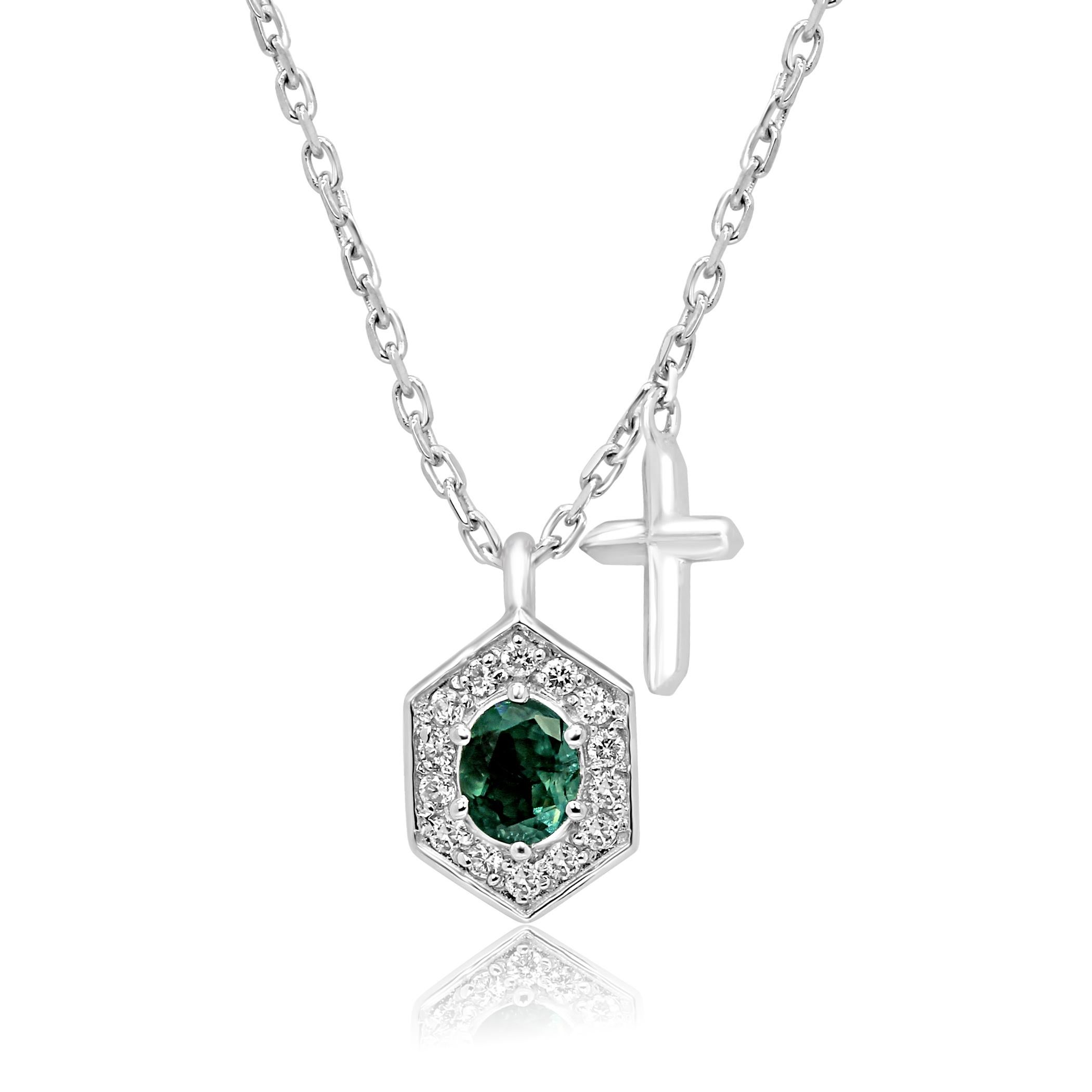 Contemporary Alexandrite Oval White Diamond Round Halo White Gold Pendant Chain Drop Necklace