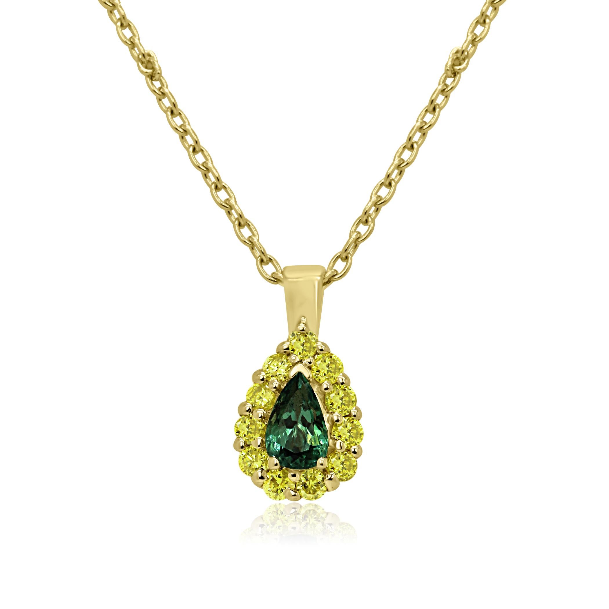 Pear Cut Alexandrite Pear Natural Fancy Yellow Diamond Halo Gold Pendant Necklace