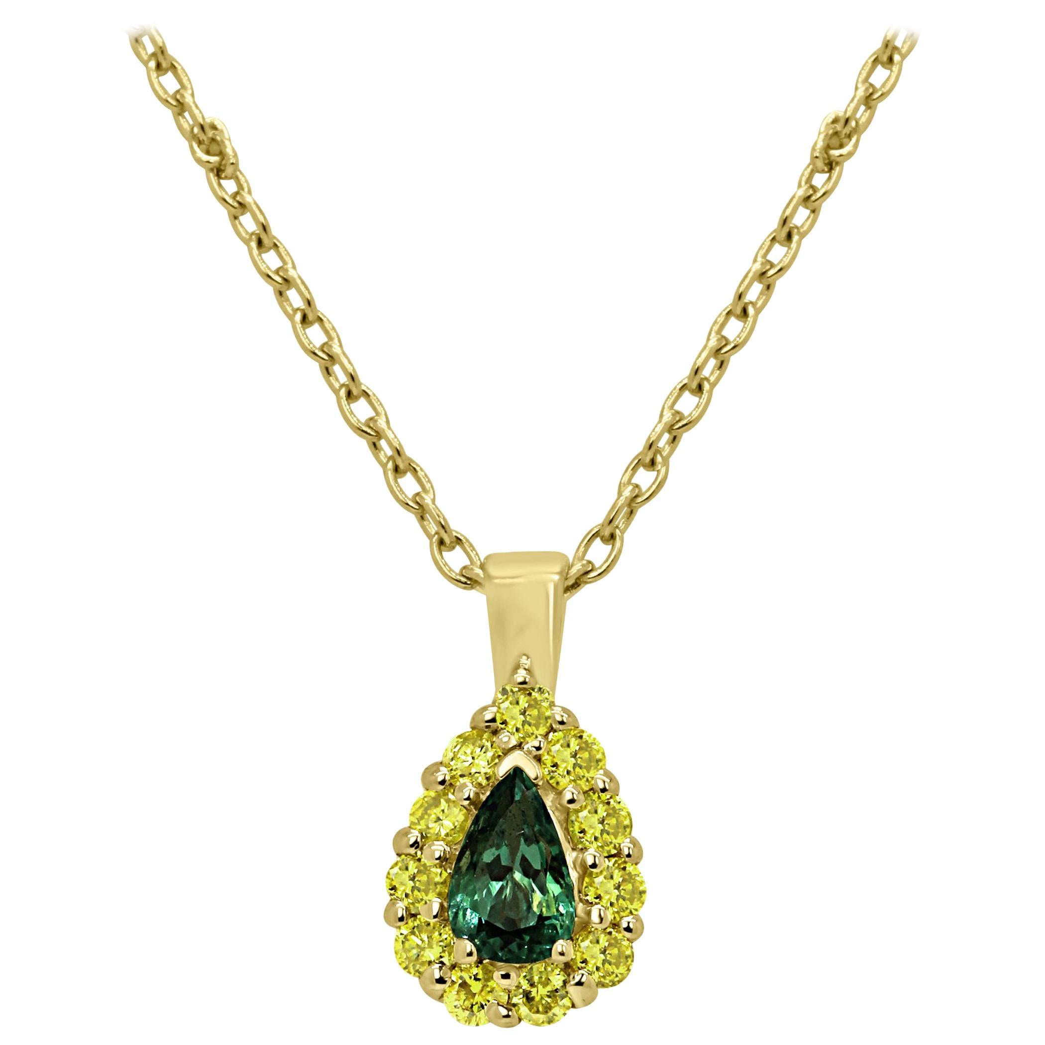 Alexandrite Pear Natural Fancy Yellow Diamond Halo Gold Pendant Necklace