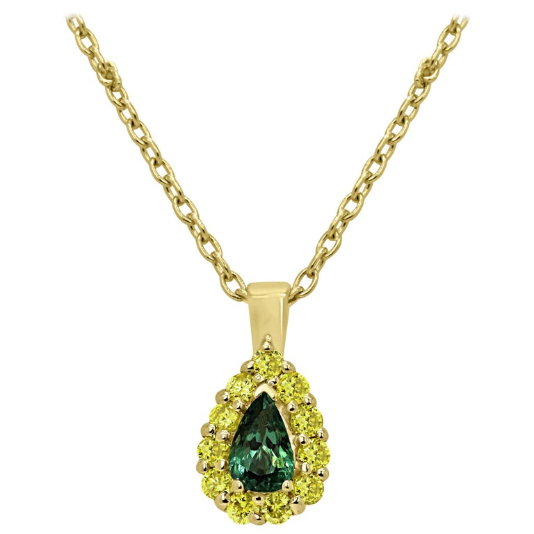 Alexandrite Pear Natural Fancy Yellow Diamond Halo Gold Pendant