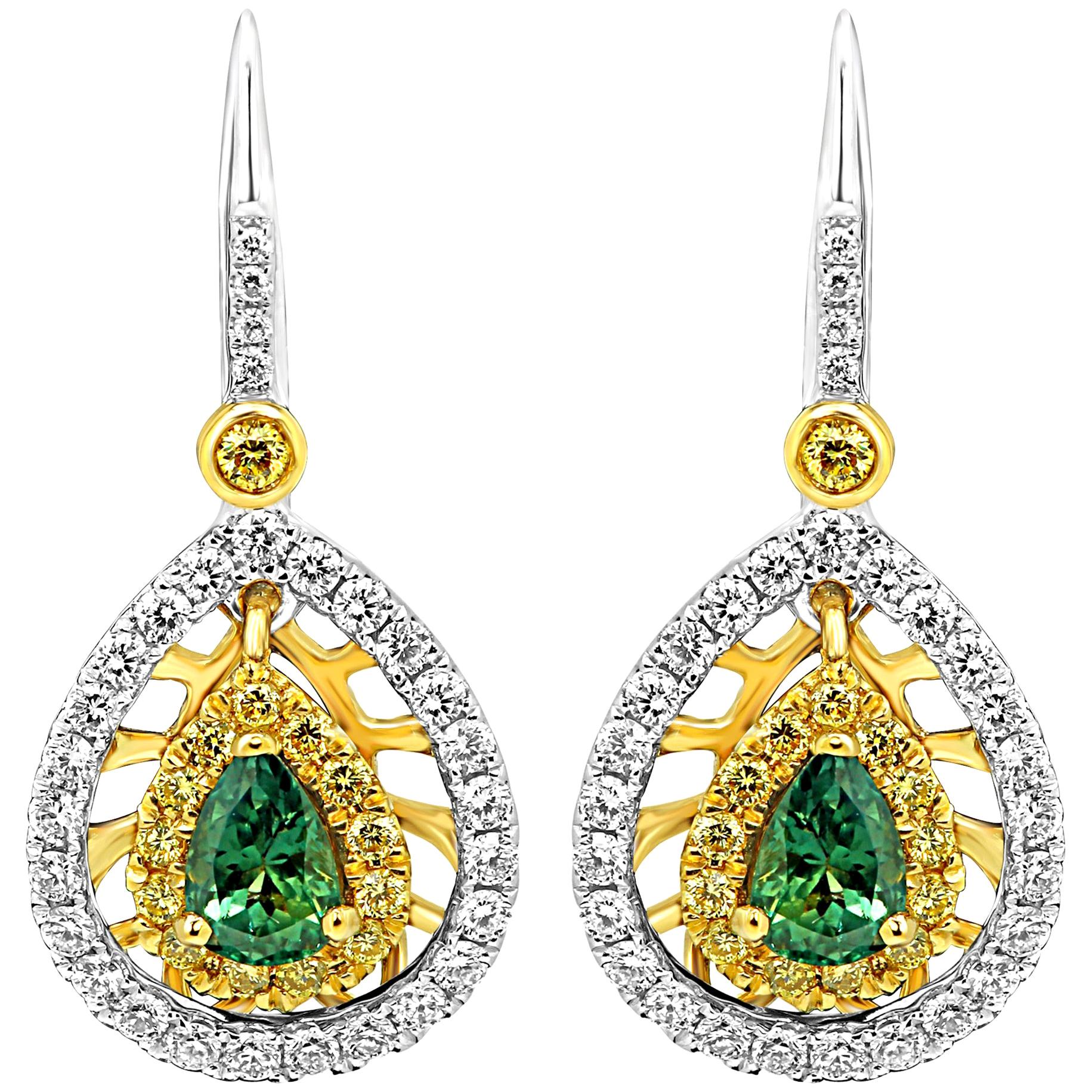 Alexandrite Pear Round Diamond Double Halo Two-Color Gold Dangle Drop Earring
