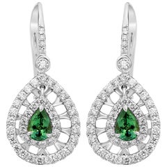 Alexandrite Pear White Diamond Round Double Halo Gold Drop Lever Back Earrings