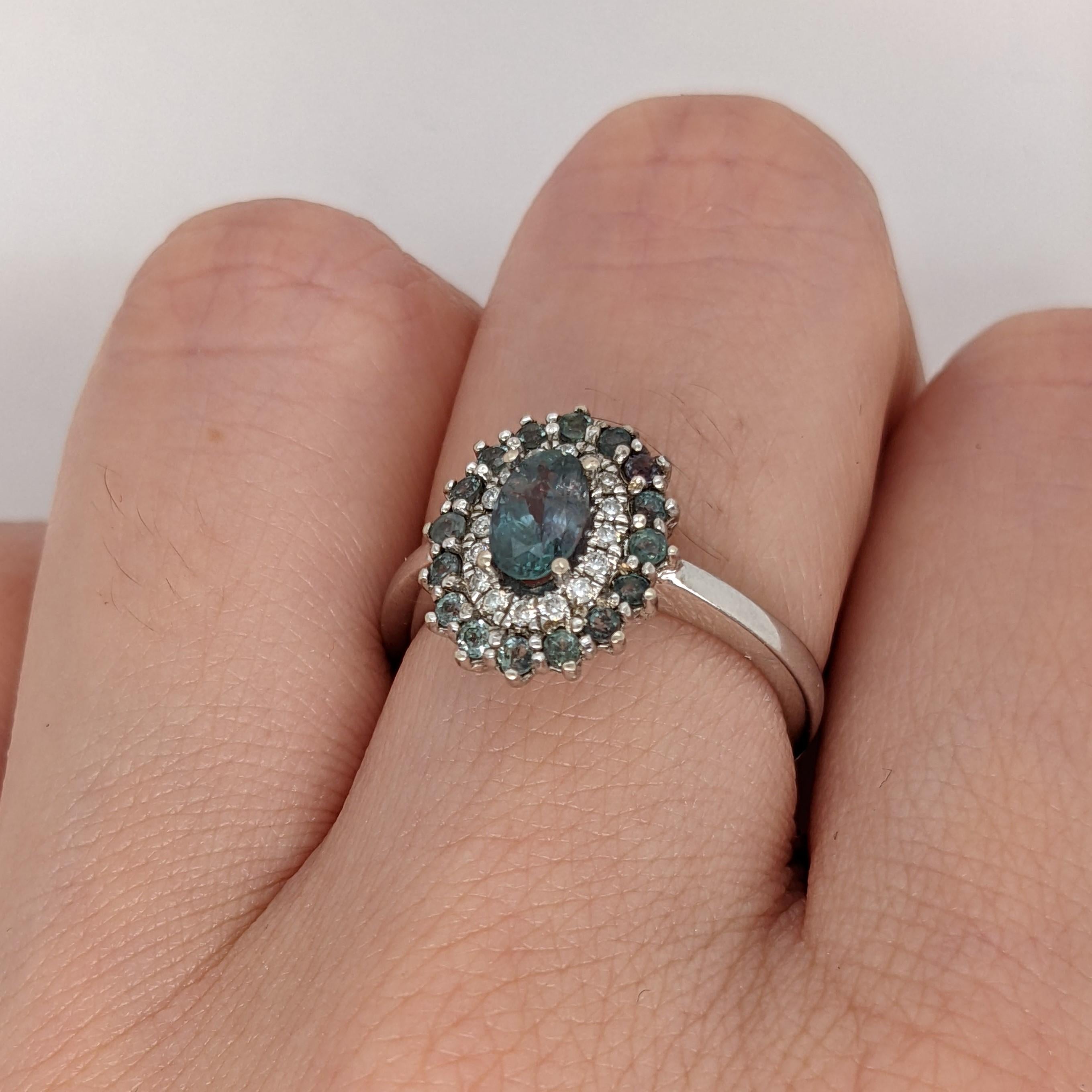 Women's Alexandrite Ring w Diamond & Alexandrite Double Halo 14K Solid Gold Oval 6x4mm
