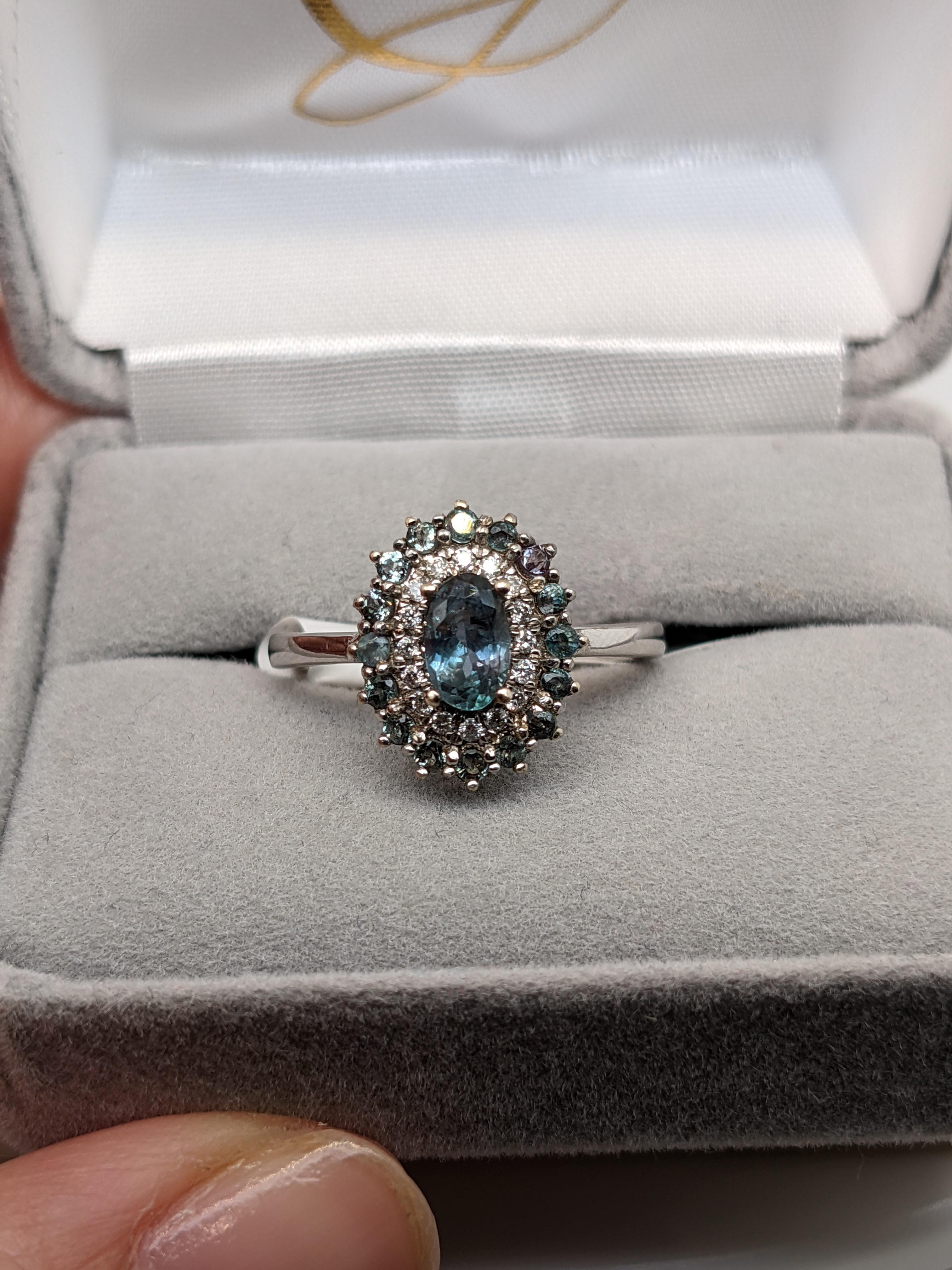 Alexandrite Ring w Diamond & Alexandrite Double Halo 14K Solid Gold Oval 6x4mm 1