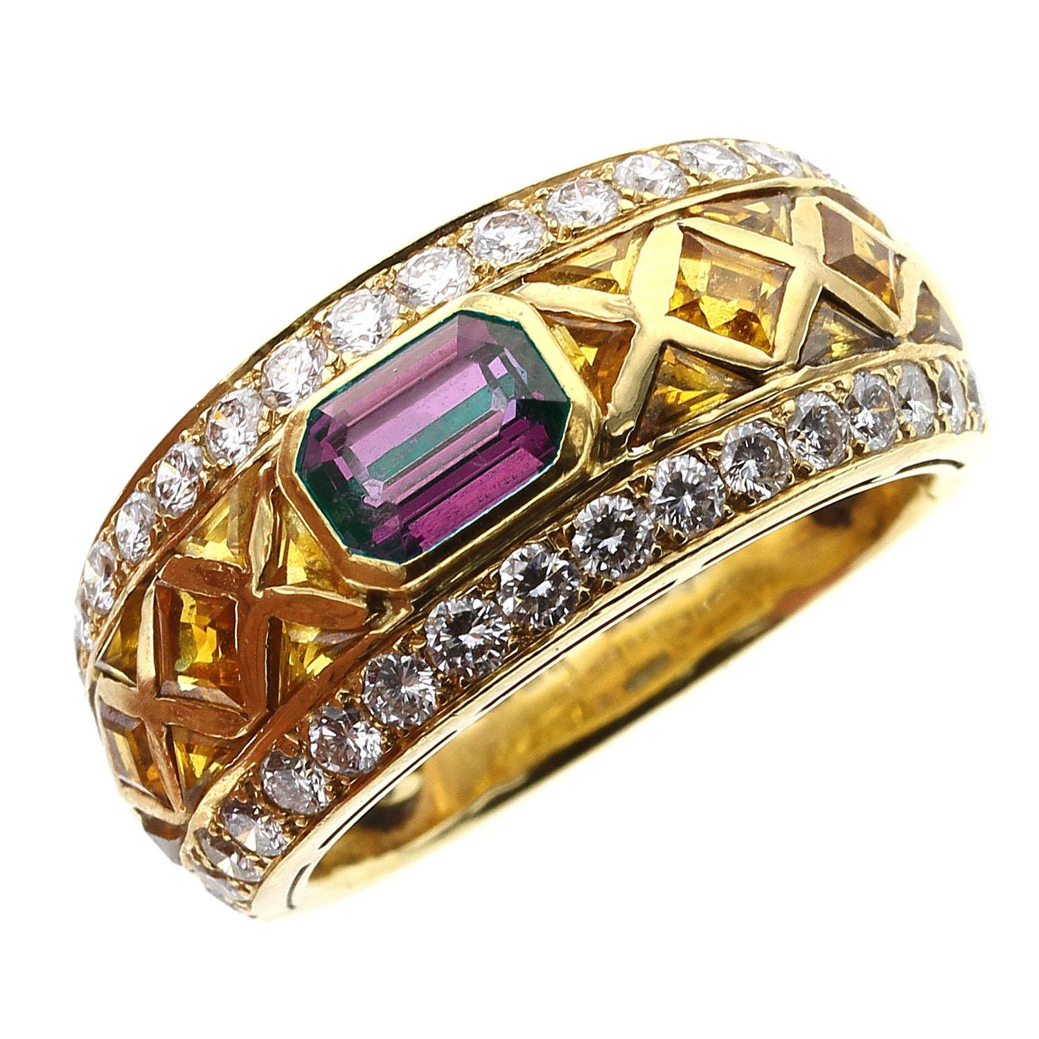 A beautifully crafted Alexandrite Ring accented with 18 citrines and 34 round diamonds. Ring Size US 6. Signed G & Co. with hallmarks.