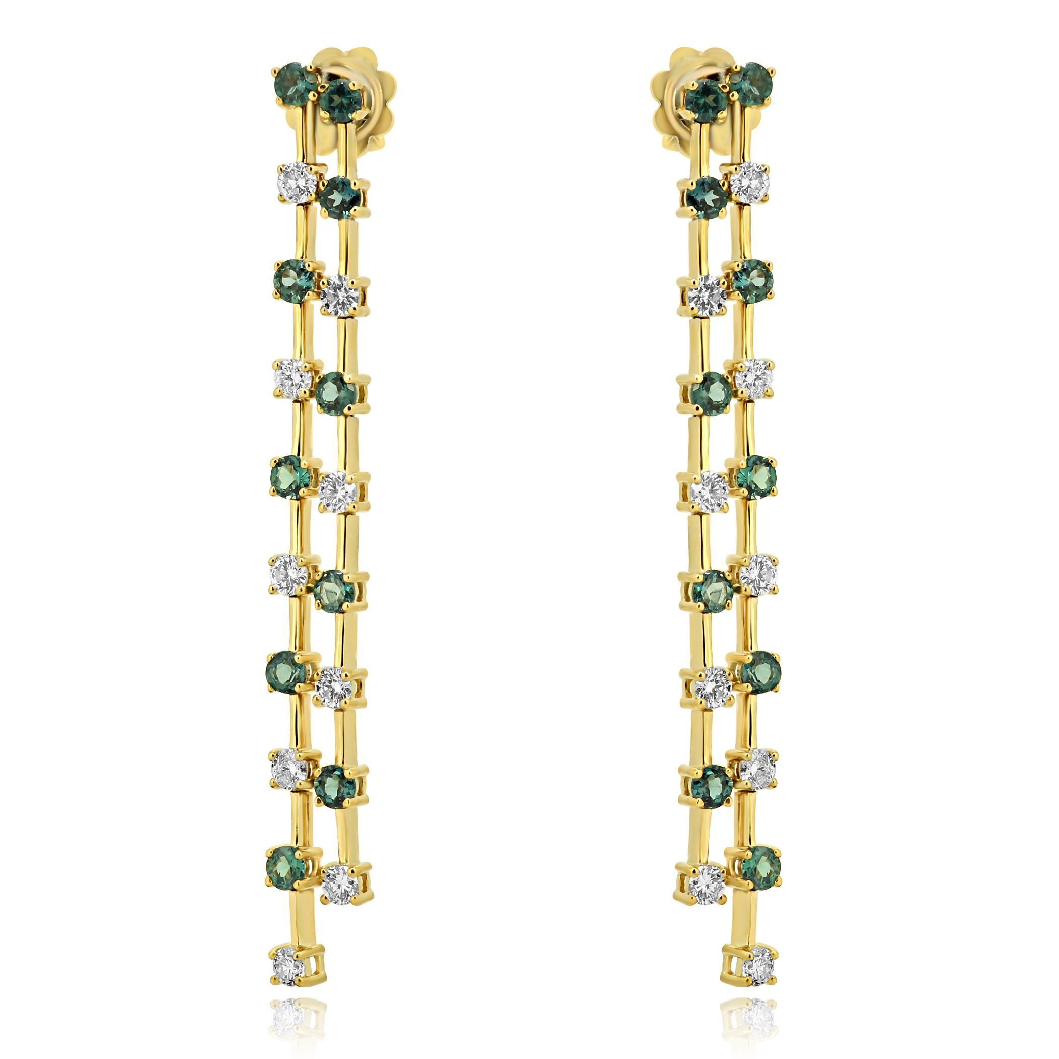 Contemporary Alexandrite Round and White Diamond Yellow Gold Long Dangling Earring