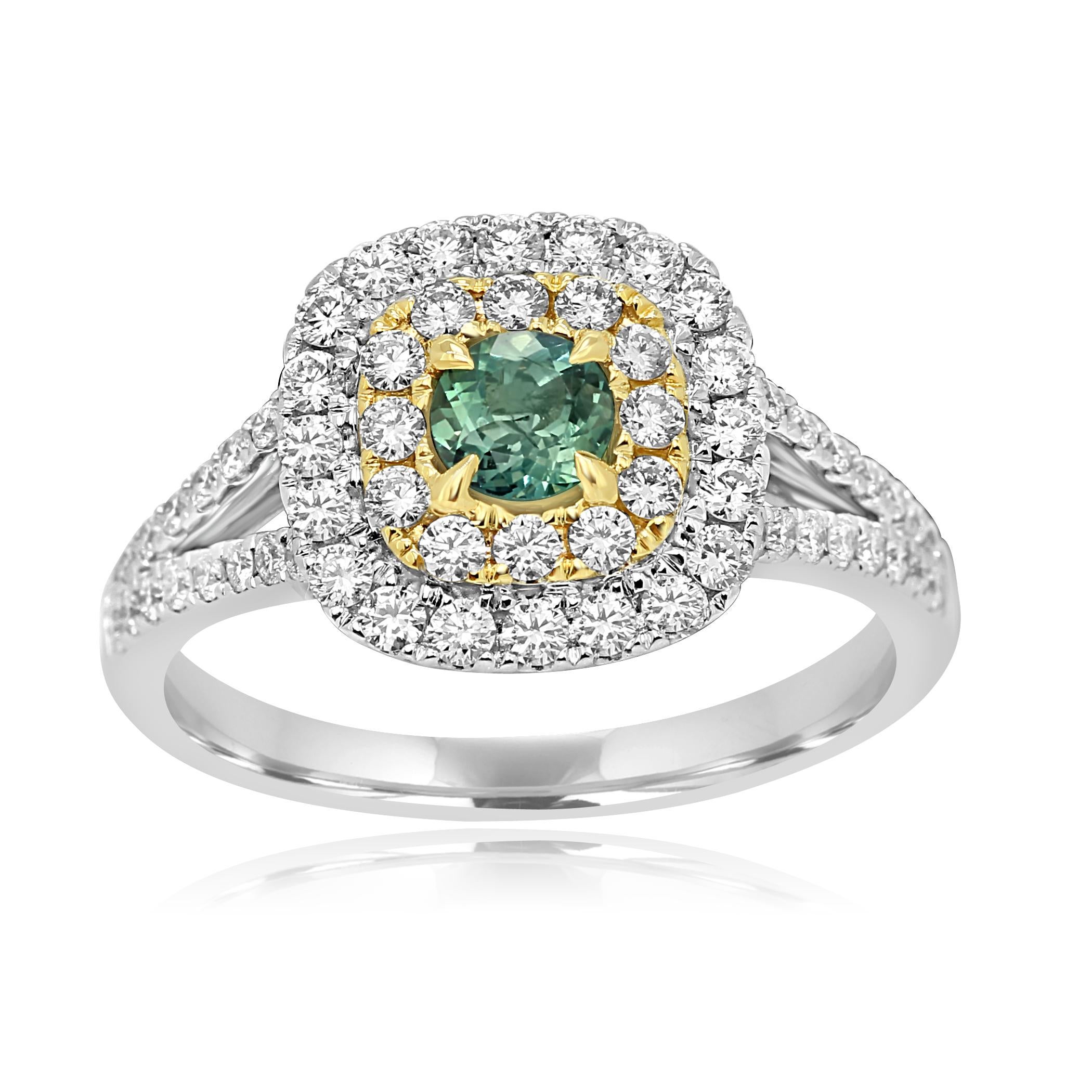 Alexandrite Round 0.34 Carat Encircled in Double Halo of White Round Diamonds 0.65 Carat in 14K White and Yellow Gold Split Shank Stunning Bridal as well as Fashion Ring.

Style available in different price ranges. Prices are based on your selection
