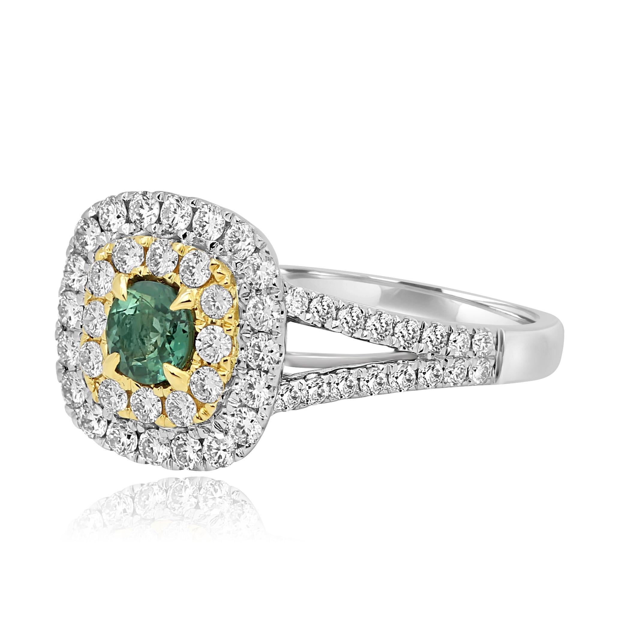 Modern Alexandrite Round White Diamond Double Halo Two Color Gold Bridal Fashion Ring