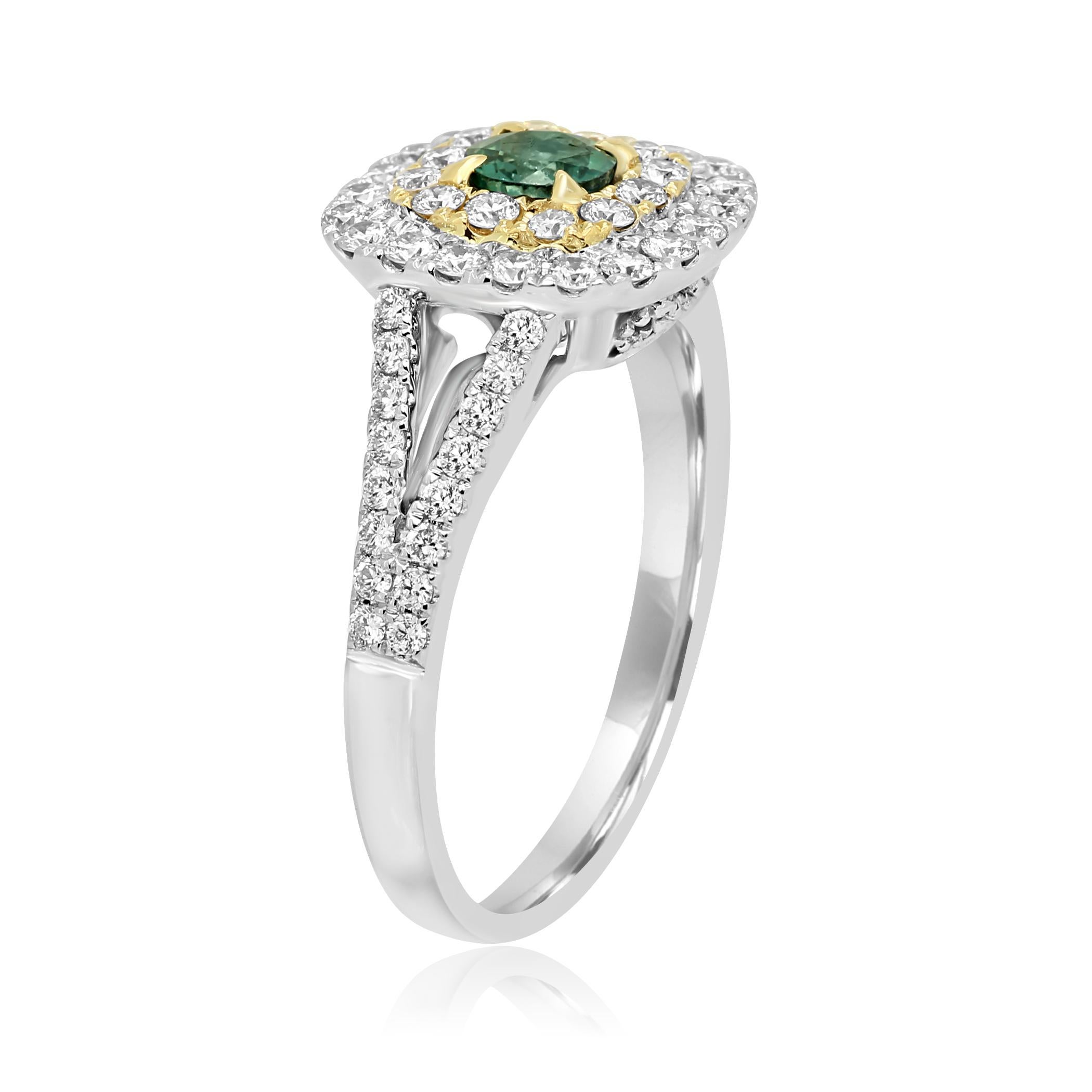Round Cut Alexandrite Round White Diamond Double Halo Two Color Gold Bridal Fashion Ring