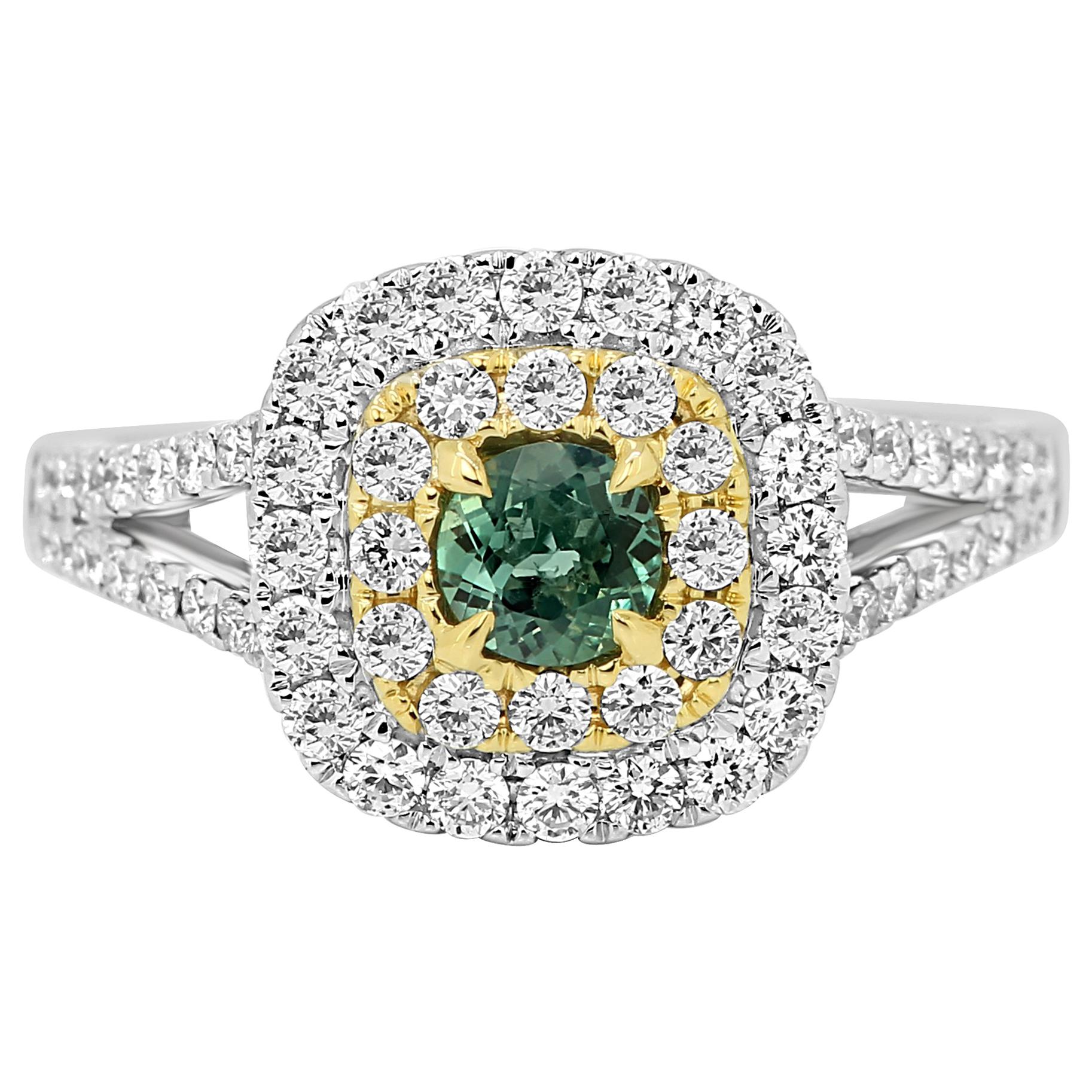 Alexandrite Round White Diamond Double Halo Two Color Gold Bridal Fashion Ring