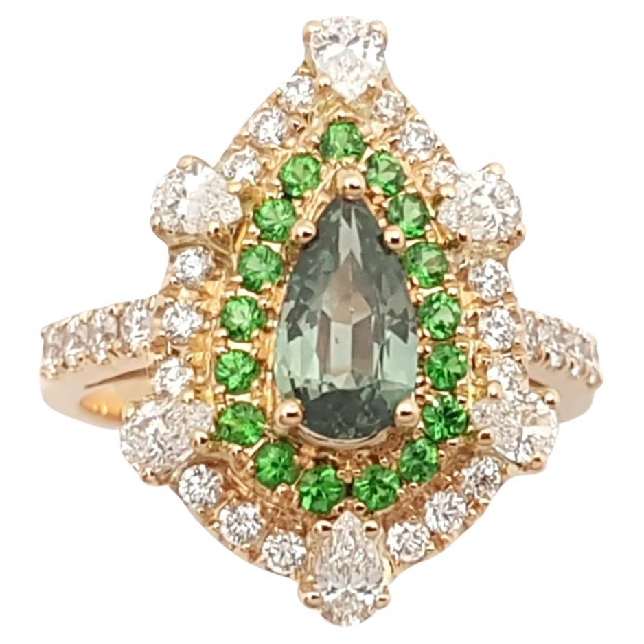 Alexandrite, Tsavorite and Diamond Ring set in 18K Rose Gold Settings For Sale