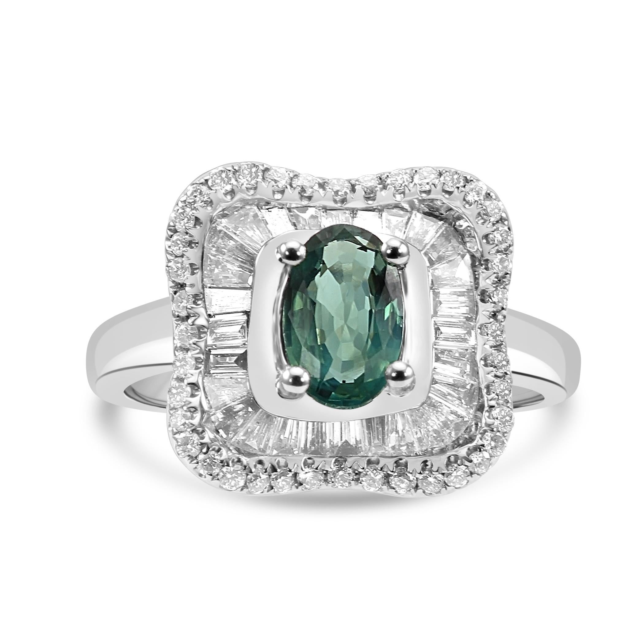 Alexandrite White Diamond Fashion Engagement Double Halo Art Deco 18K Gold Ring  For Sale 2