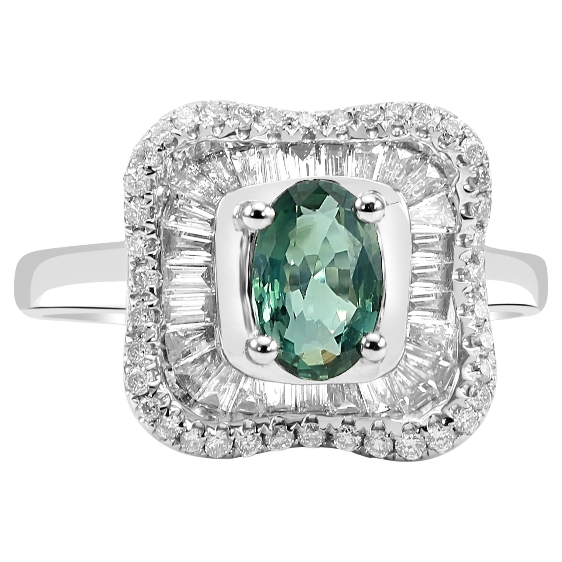 Alexandrite White Diamond Fashion Engagement Double Halo Art Deco 18K Gold Ring  For Sale