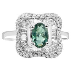 Alexandrite White Diamond Fashion Engagement Double Halo Art Deco 18K Gold Ring 