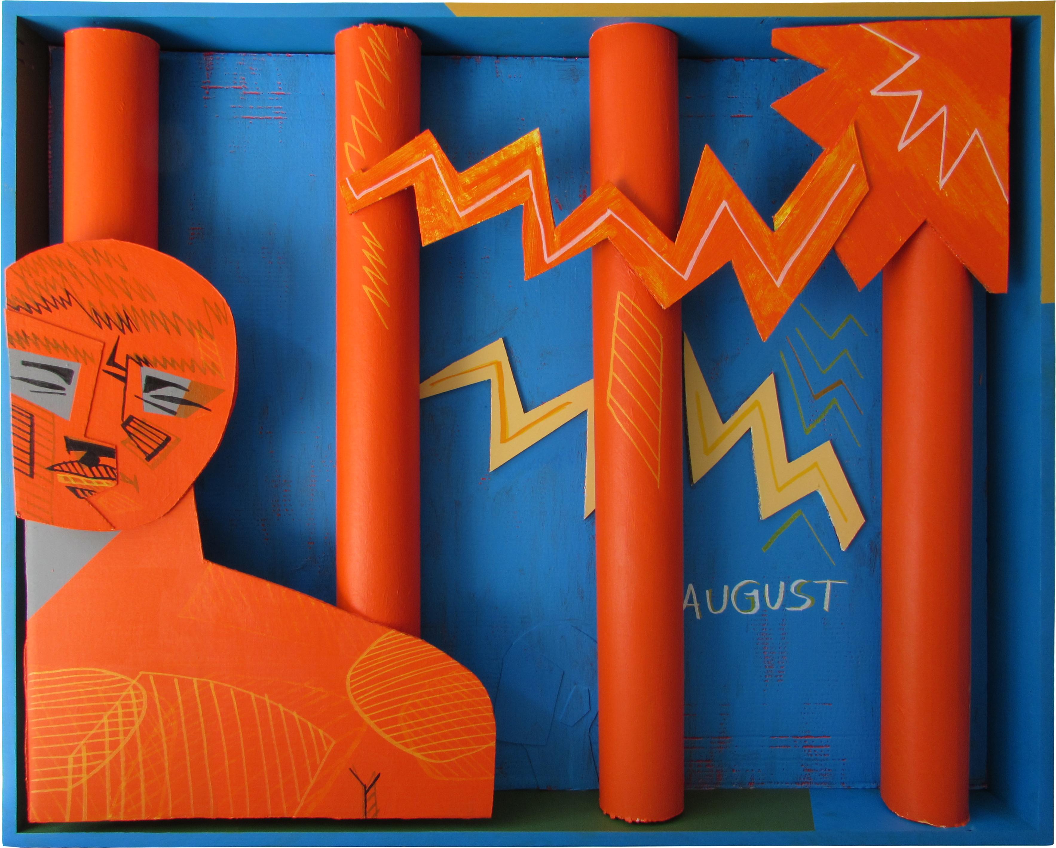 August – Zeitgenössisch, Blau, Orange, Mensch, 3D-Collage, Sommer, Figurative