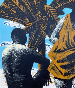 A Peaceful Place - Contemporary Art, Couple, Palm Tree, Blue, Sea, 21st Century