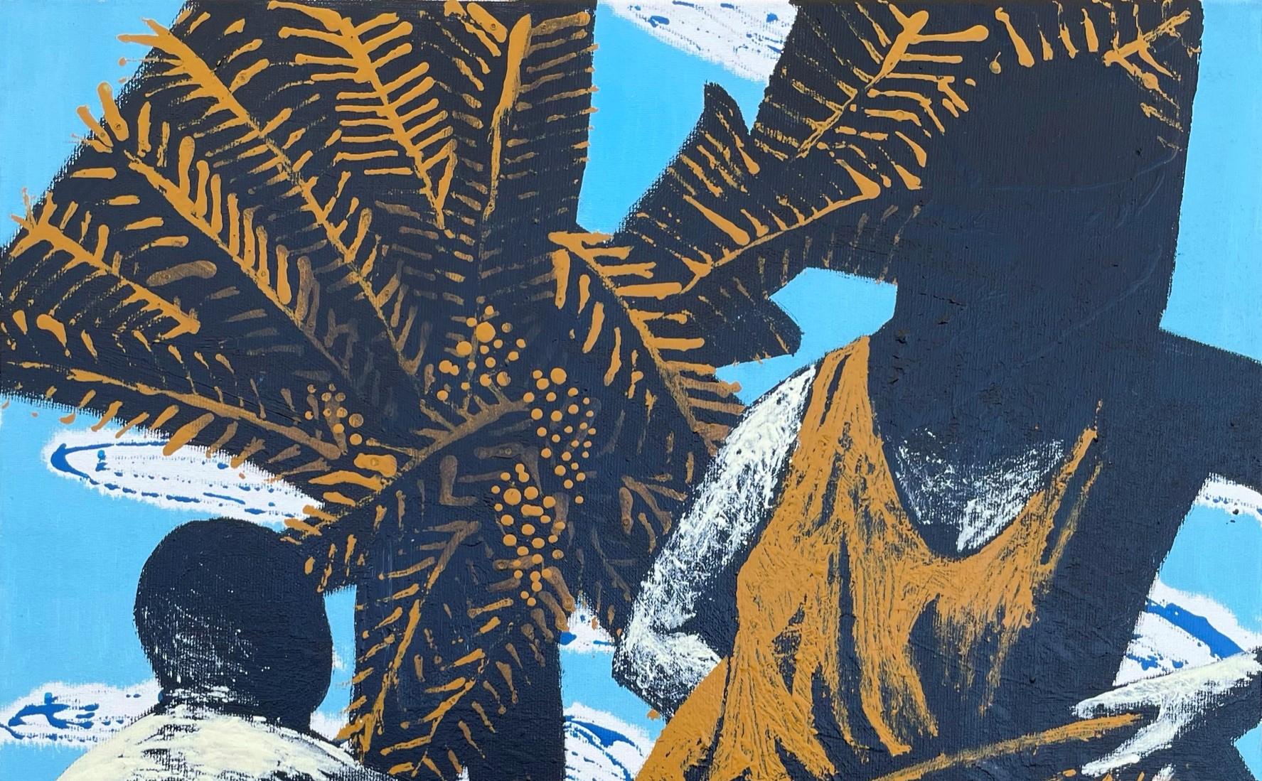 A Peaceful Place - Contemporary Art, Couple, Palm Tree, Blue, Sea, 21st Century - Black Figurative Painting by Alexandru Rădvan