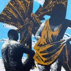 Un lieu de paix - Art contemporain, couple, palmier, bleu, mer, XXIe siècle