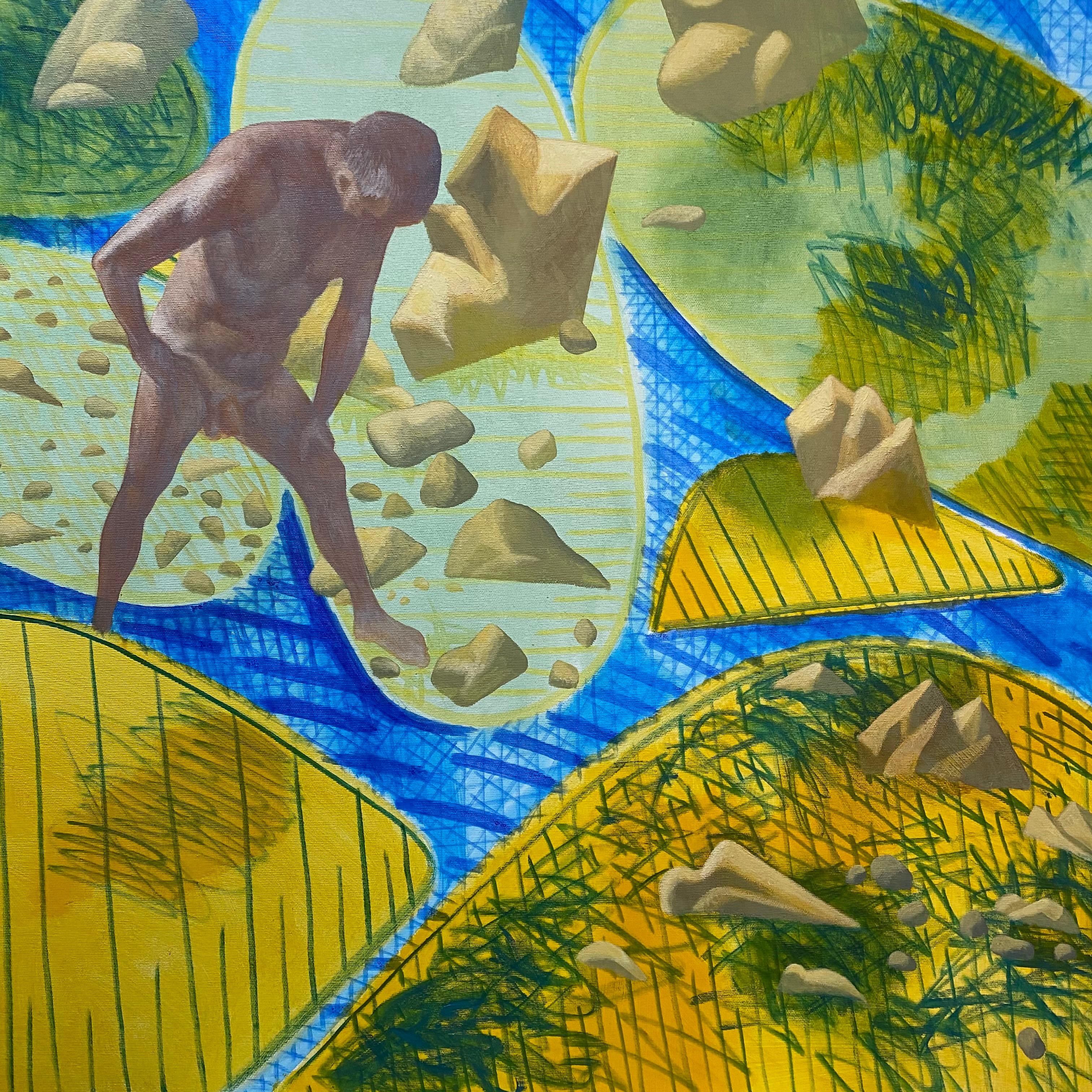 Alexandru Rădvan Figurative Painting - A Quiet Day - Yellow, Green, Blue, Male, Nude, Nature, Contemporary Art