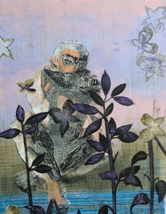 A Very Long Evening - figurative, flower, man, blue, water