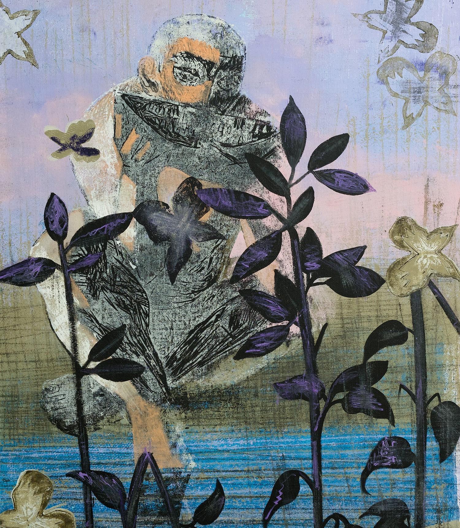 A Very Long Evening - figurativo, fiore, uomo, blu, acqua - Painting Contemporaneo di Alexandru Rădvan