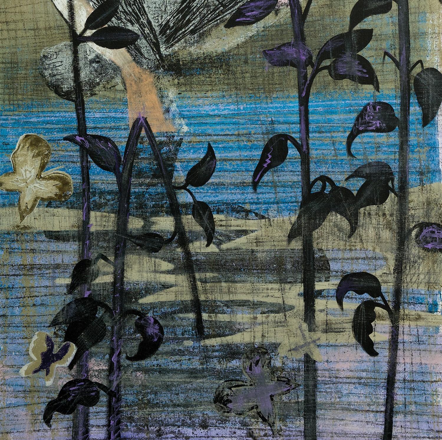 A Very Long Evening - figurativo, fiore, uomo, blu, acqua - Figurative Painting Grigio di Alexandru Rădvan