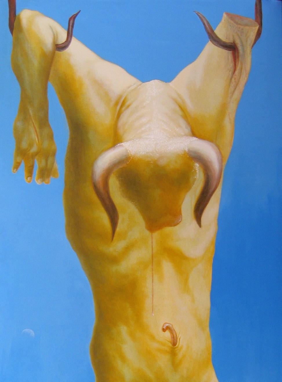 Adorator - Contemporary, Yellow, Blue, Animal, Minotaur, Bull, Myth, Figurative  - Painting by Alexandru Rădvan
