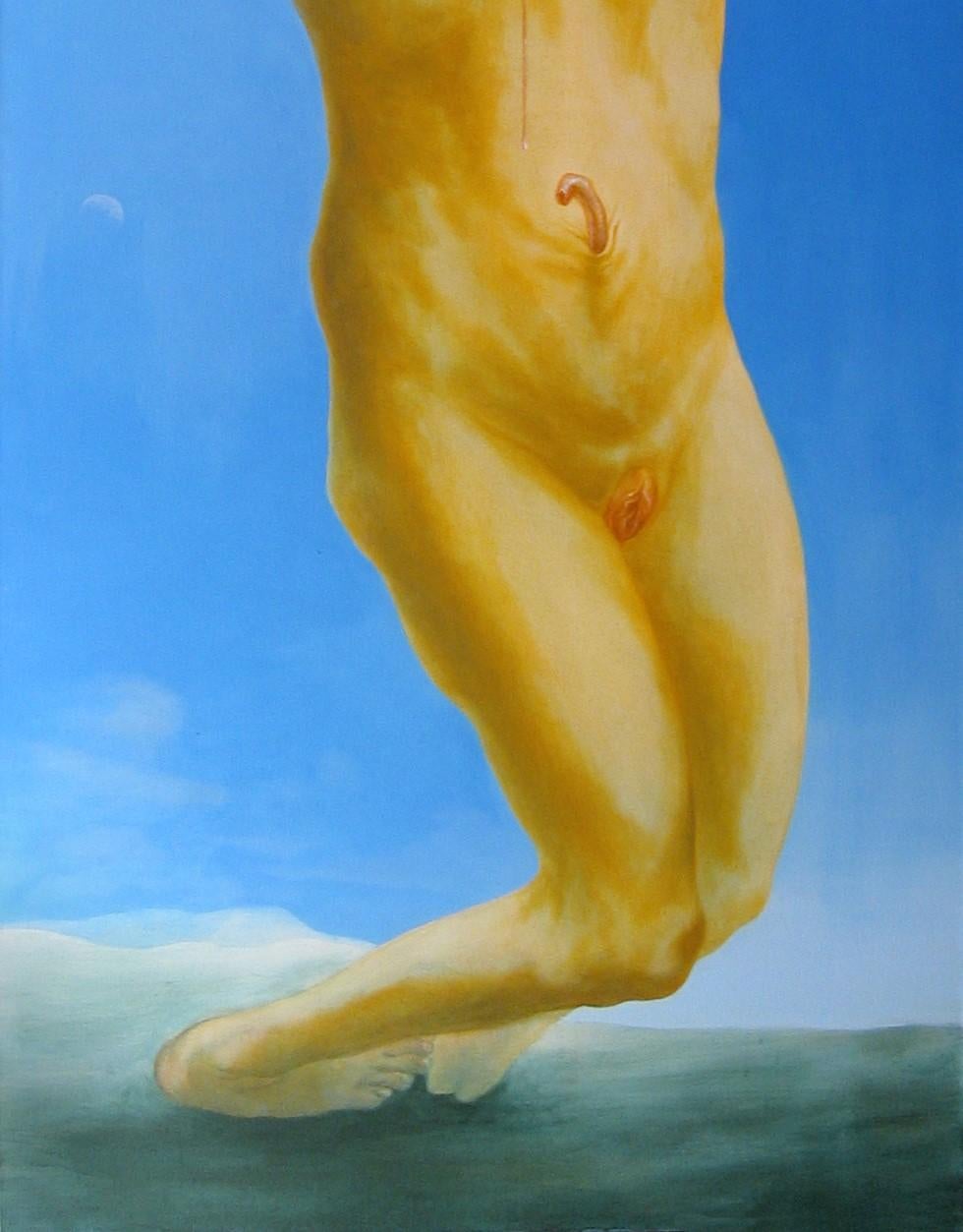 Adorateur - Contemporain, jaune, bleu, animal, minotaure, taureau, mythe, figuratif  - Bleu Figurative Painting par Alexandru Rădvan