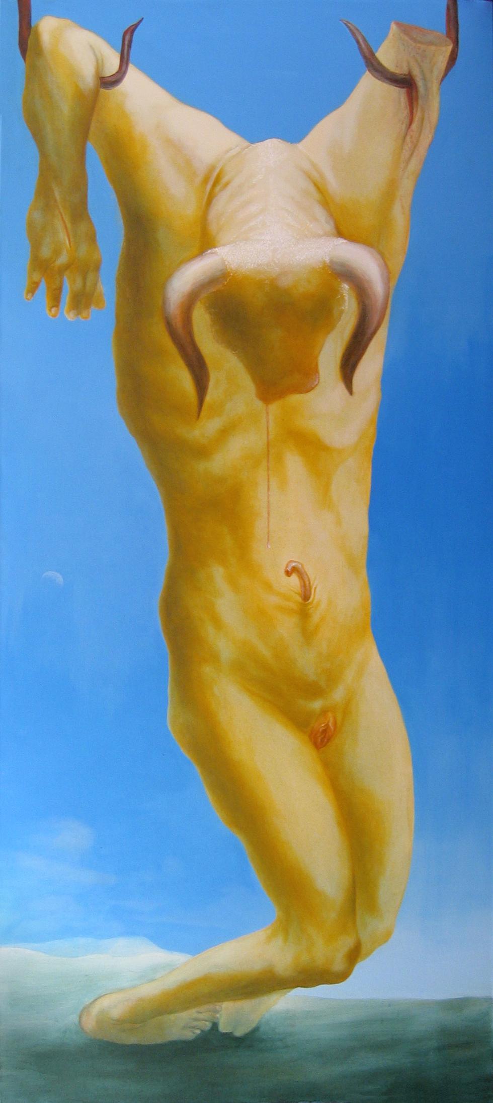 Alexandru Rădvan Figurative Painting - Adorator - Contemporary, Yellow, Blue, Animal, Minotaur, Bull, Myth, Figurative 