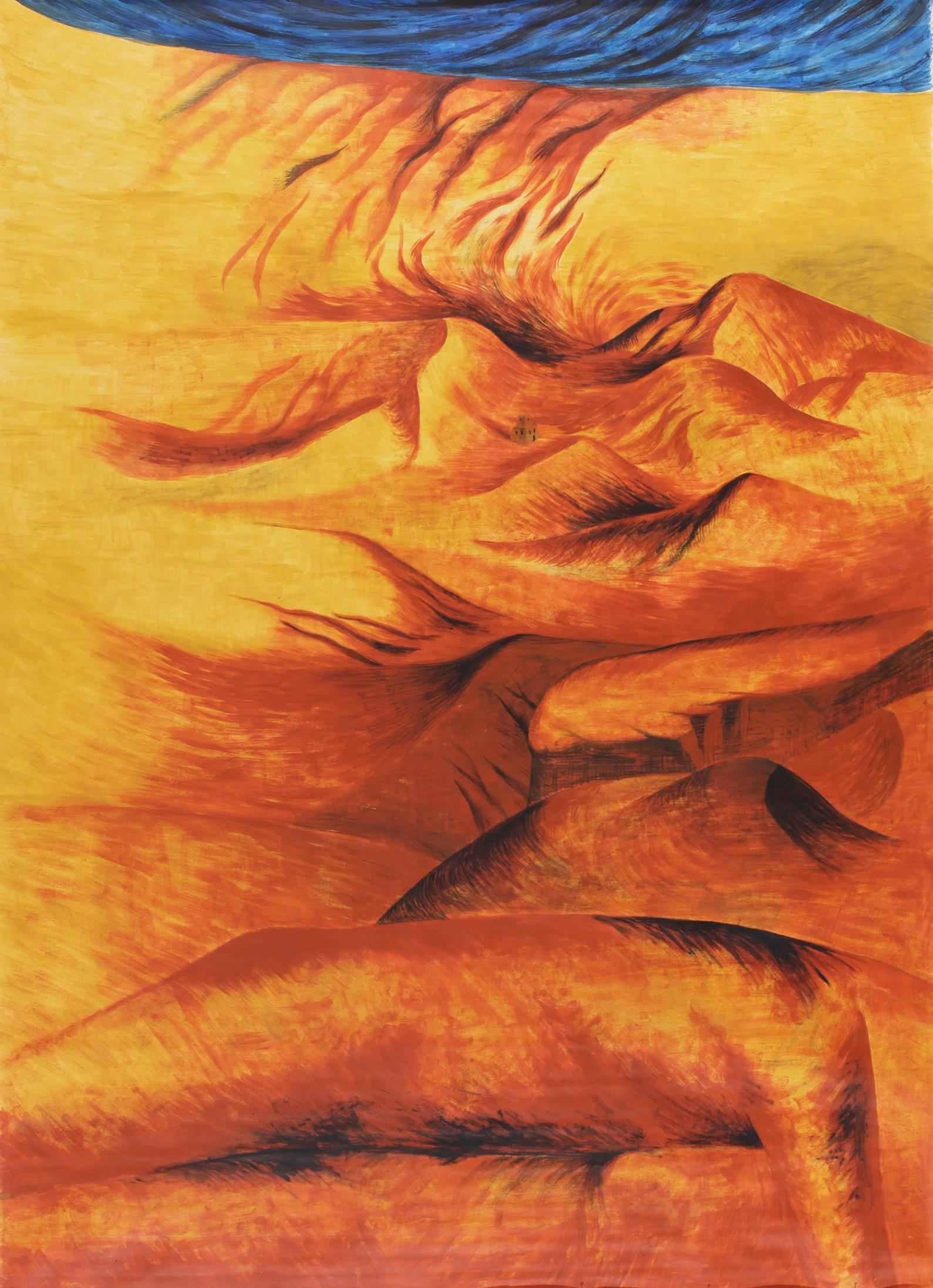 Alexandru Rădvan Nude – Abend - 21. Jahrhundert, Gelb, Blau, Feuer, Landschaft, Zeitgenössisch, Orange