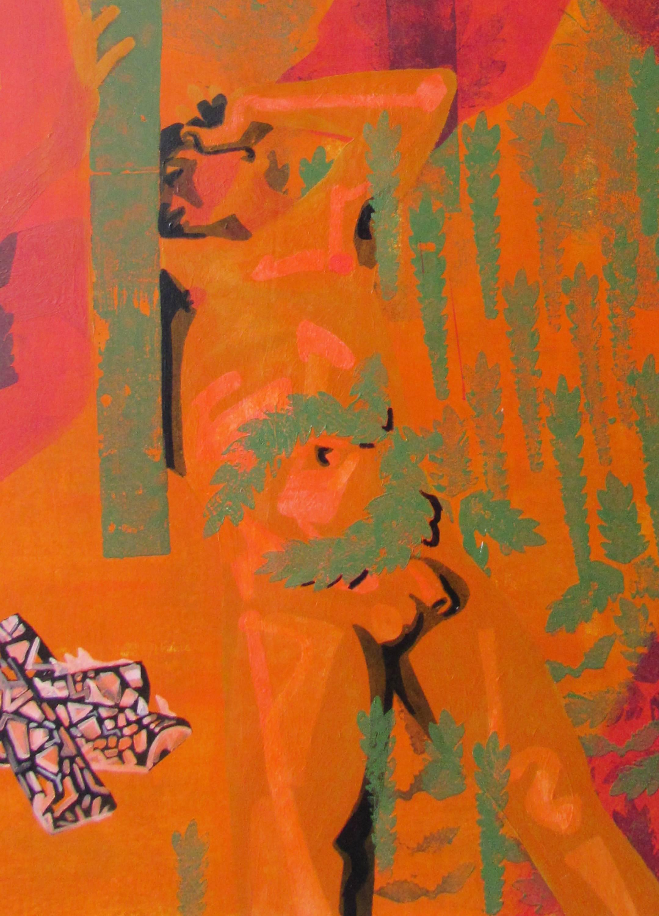 Apollo tocca Dafne - Coppia, Paesaggio, Rosso, Mitologia, Nudo, Albero - Painting di Alexandru Rădvan