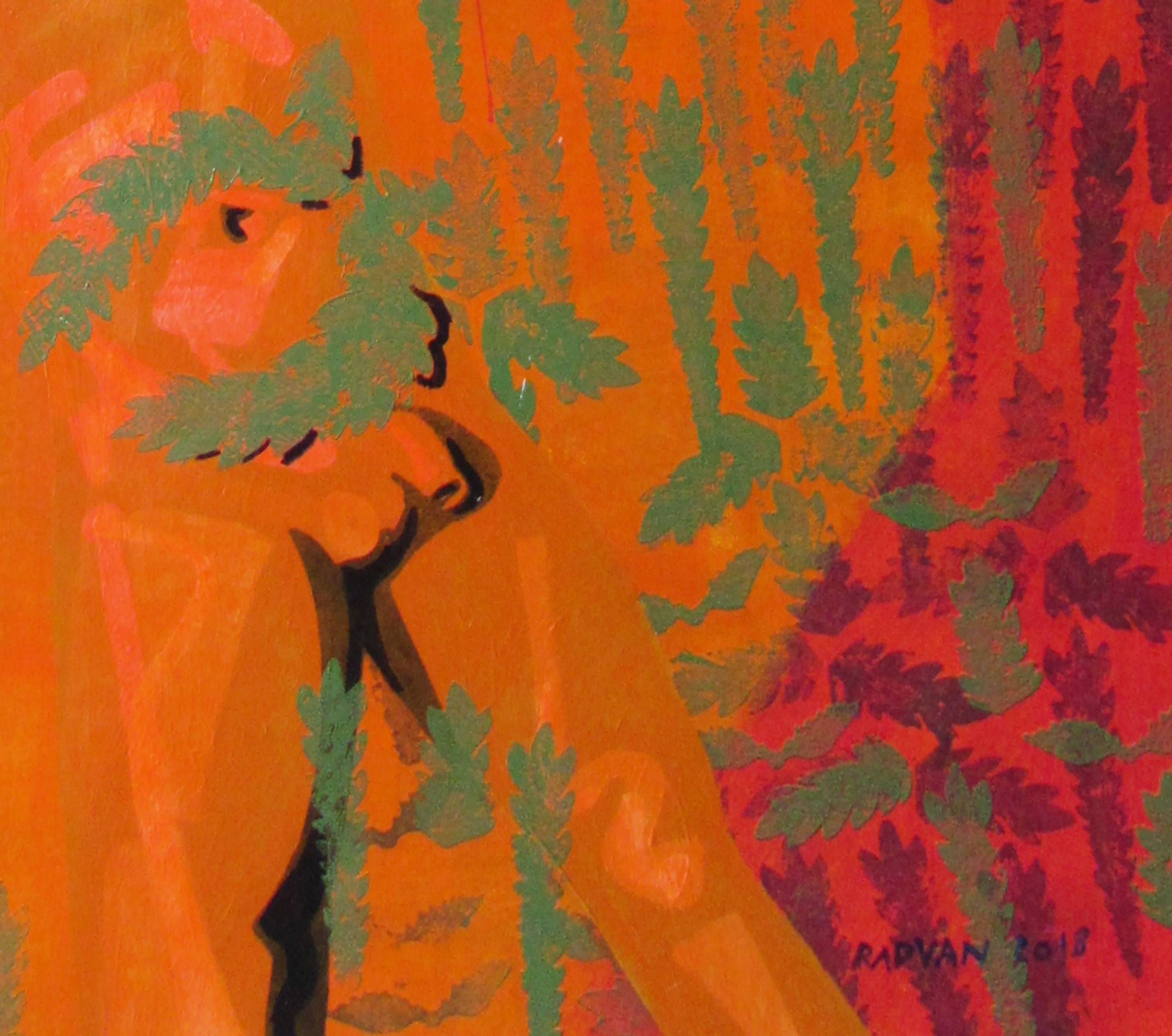 Apollo tocca Dafne - Coppia, Paesaggio, Rosso, Mitologia, Nudo, Albero - Painting Contemporaneo di Alexandru Rădvan