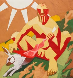 Archaic Hercules Skinning a Rabbit - Contemporary, Sun, Rabbit, Red, Yellow