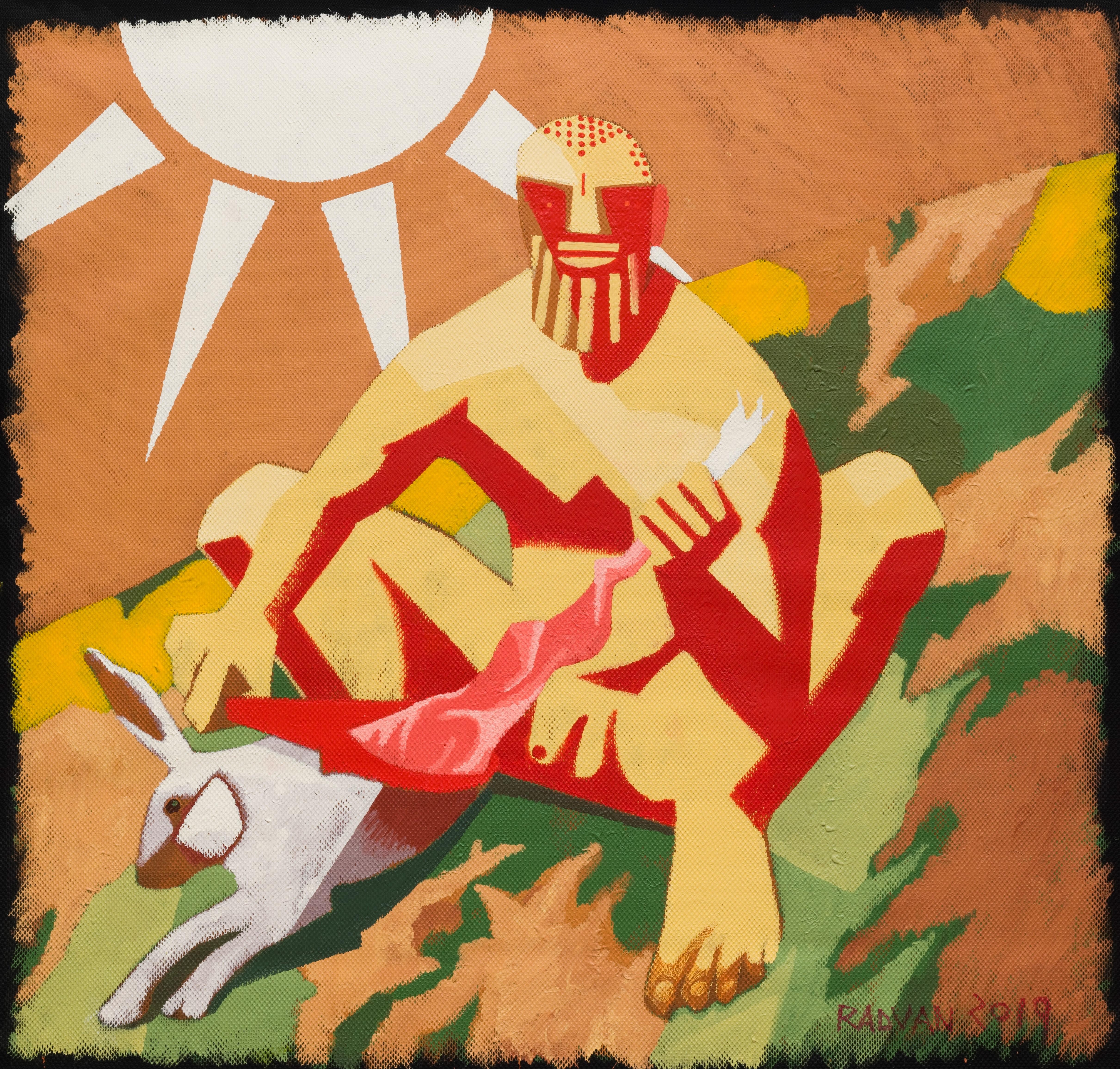 Alexandru Rădvan Animal Painting - Archaic Hercules Skinning a Rabbit - Contemporary, Sun, Rabbit, Red, Yellow