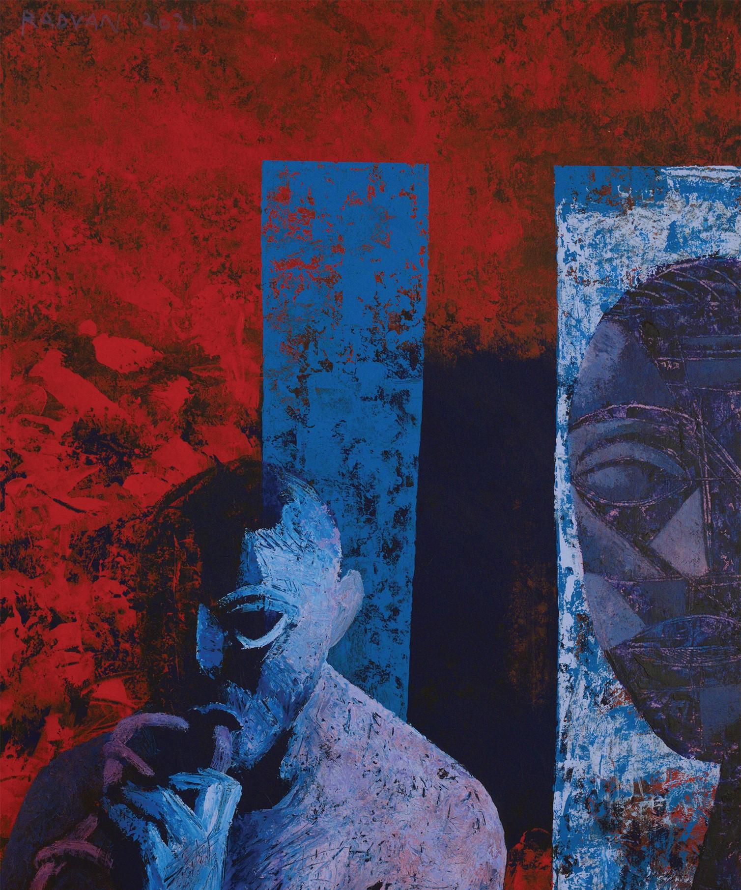 Artista tomándose un descanso - Pintura figurativa, hombre, rojo, azul - Painting de Alexandru Rădvan