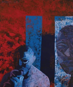 Artist Taking a Break - Figurative painting, man, red, blue