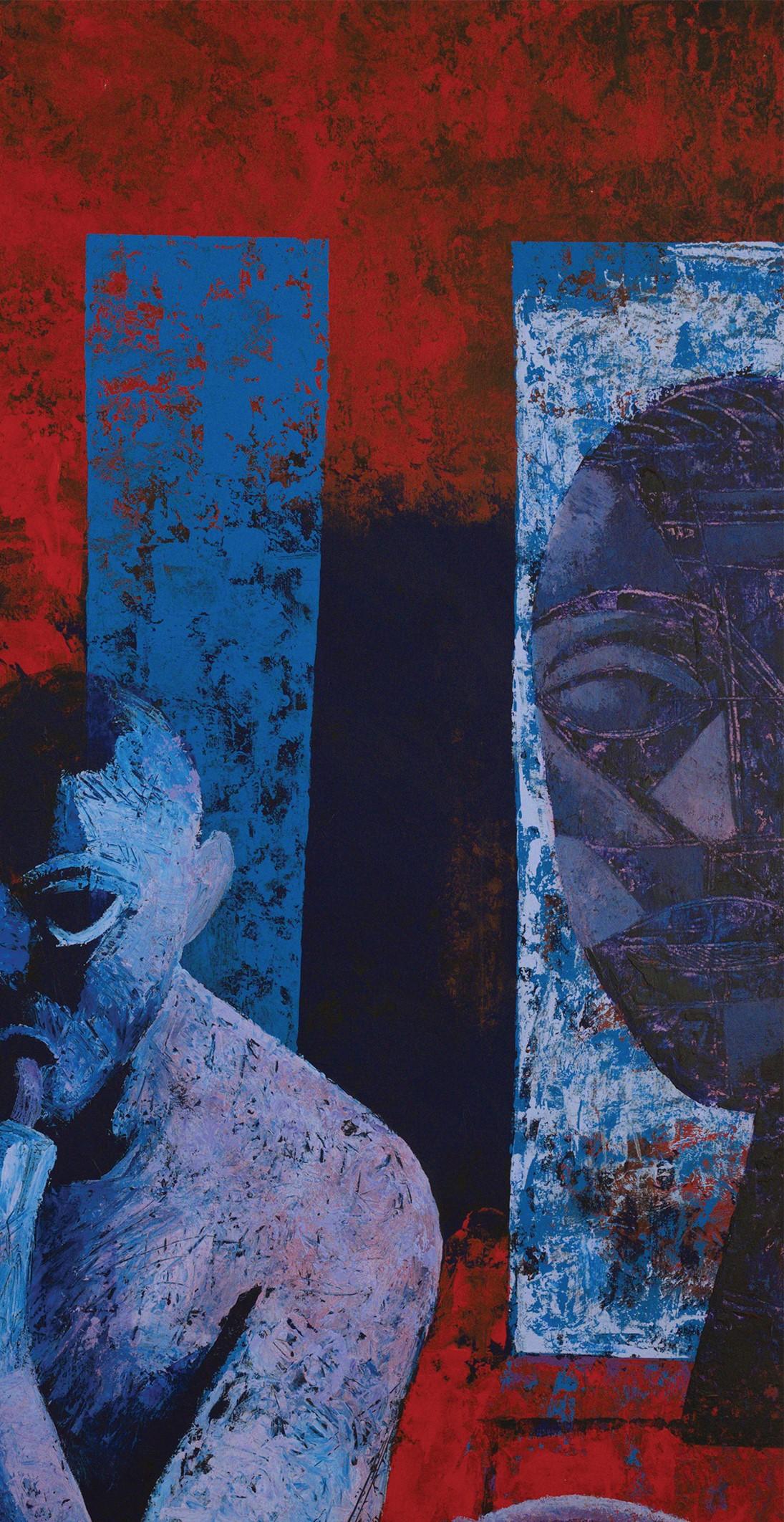 Artista tomándose un descanso - Pintura figurativa, hombre, rojo, azul - Figurative Painting Negro de Alexandru Rădvan