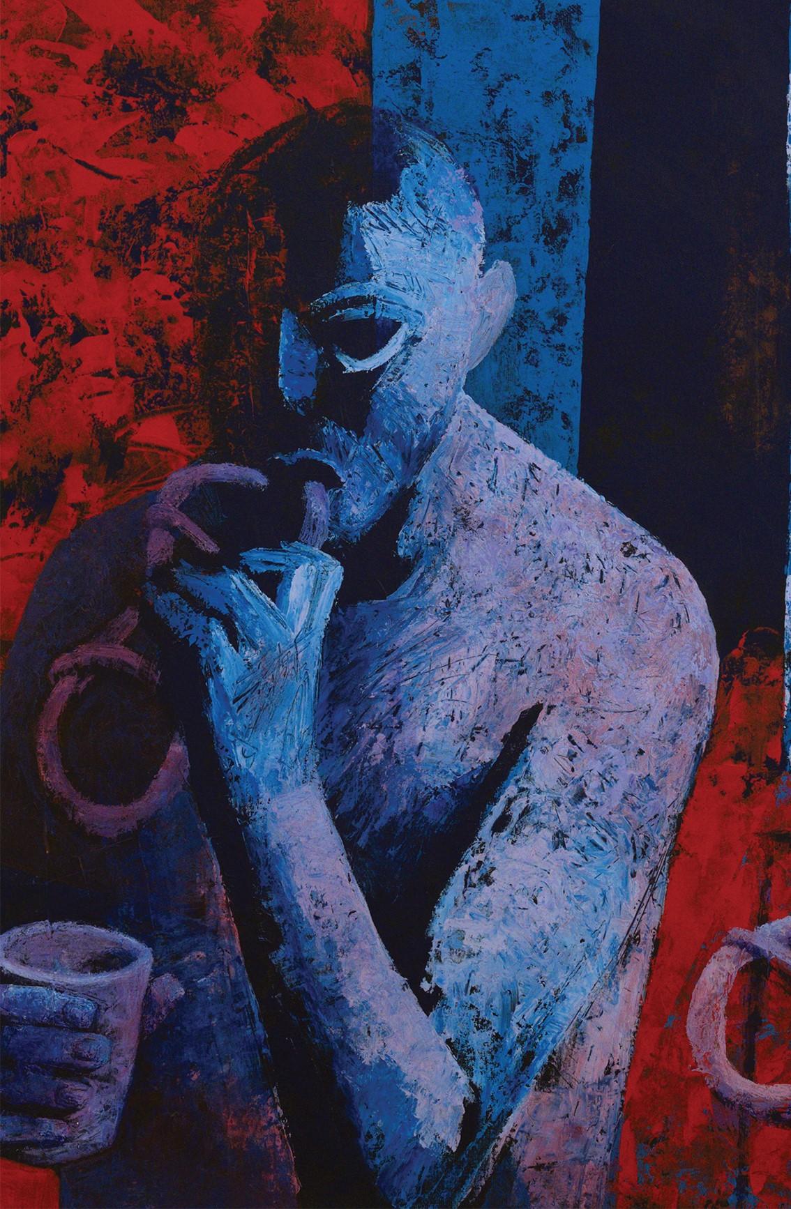 Artista tomándose un descanso, 2021 
acrílico sobre lienzo, 
78 ⁴⁷/₆₄ Alto x 47 ¹/₄ Ancho pulgadas
200 x 120 cm

La composición presenta una figura profundamente introspectiva, representada en tonos azules texturizados, que contrastan con un fondo