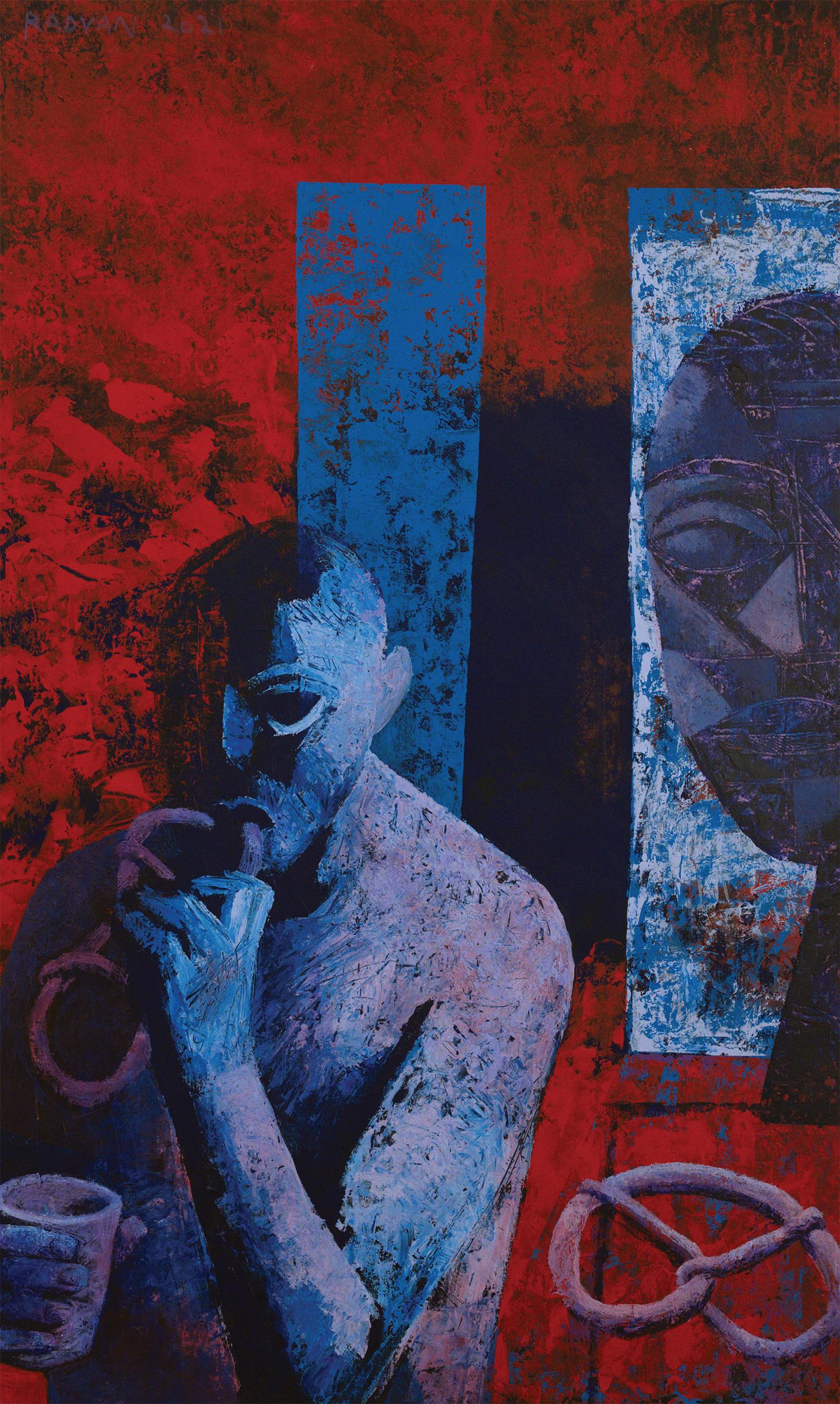Figurative Painting de Alexandru Rădvan - Artista tomándose un descanso - Pintura figurativa, hombre, rojo, azul