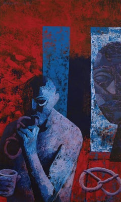 Artista tomándose un descanso - Pintura figurativa, hombre, rojo, azul