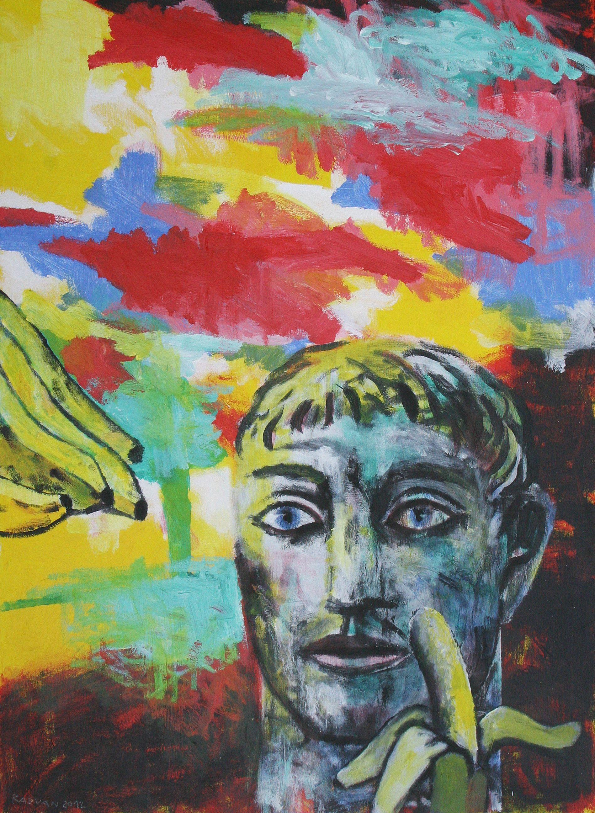 Banana - Contemporary Art, Red, Yellow, Blue, Portrait, Figurative Art, Hero