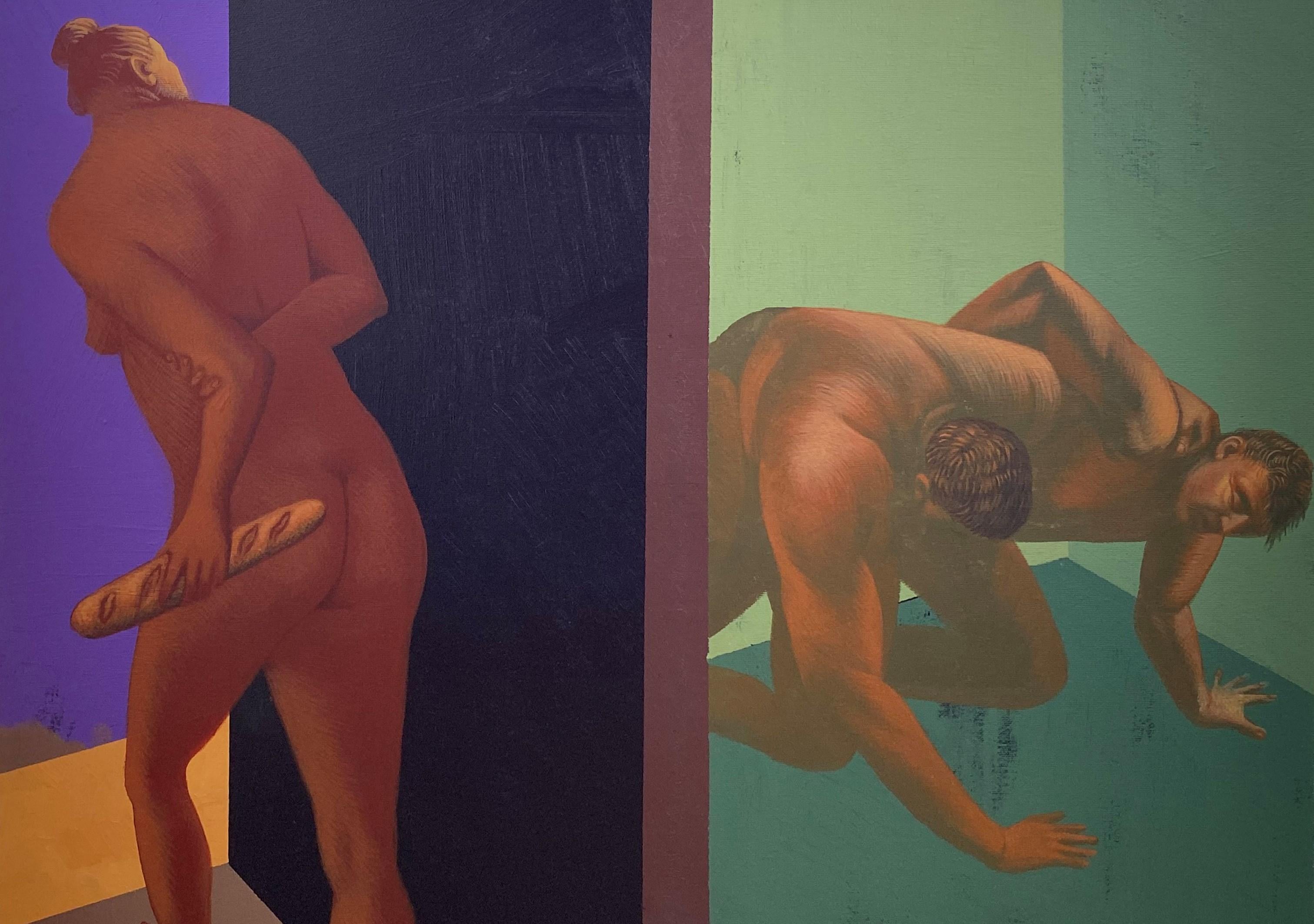 Breakdown - 21st Century, Woman, Man, Couple, Green, Contemporary Art, Pandemic - Black Figurative Painting by Alexandru Rădvan