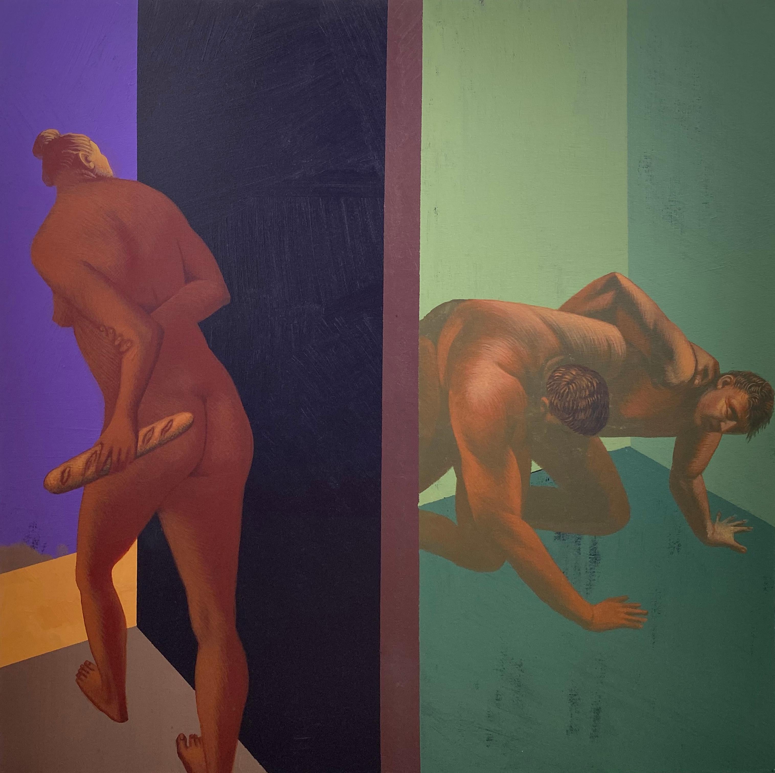 Alexandru Rădvan Figurative Painting - Breakdown - 21st Century, Woman, Man, Couple, Green, Contemporary Art, Pandemic
